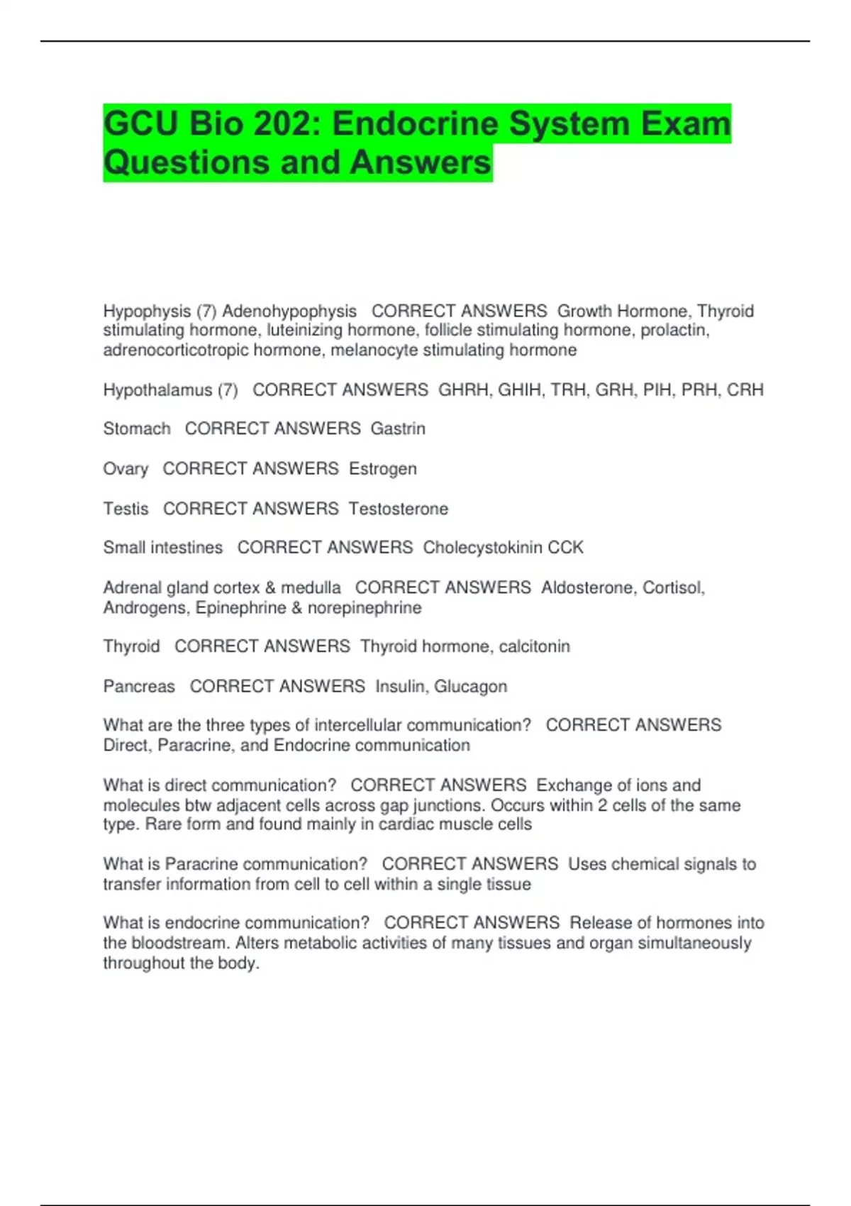 GCU Bio 202 Endocrine System Exam Questions and Answers - BIO-202 GCU ...