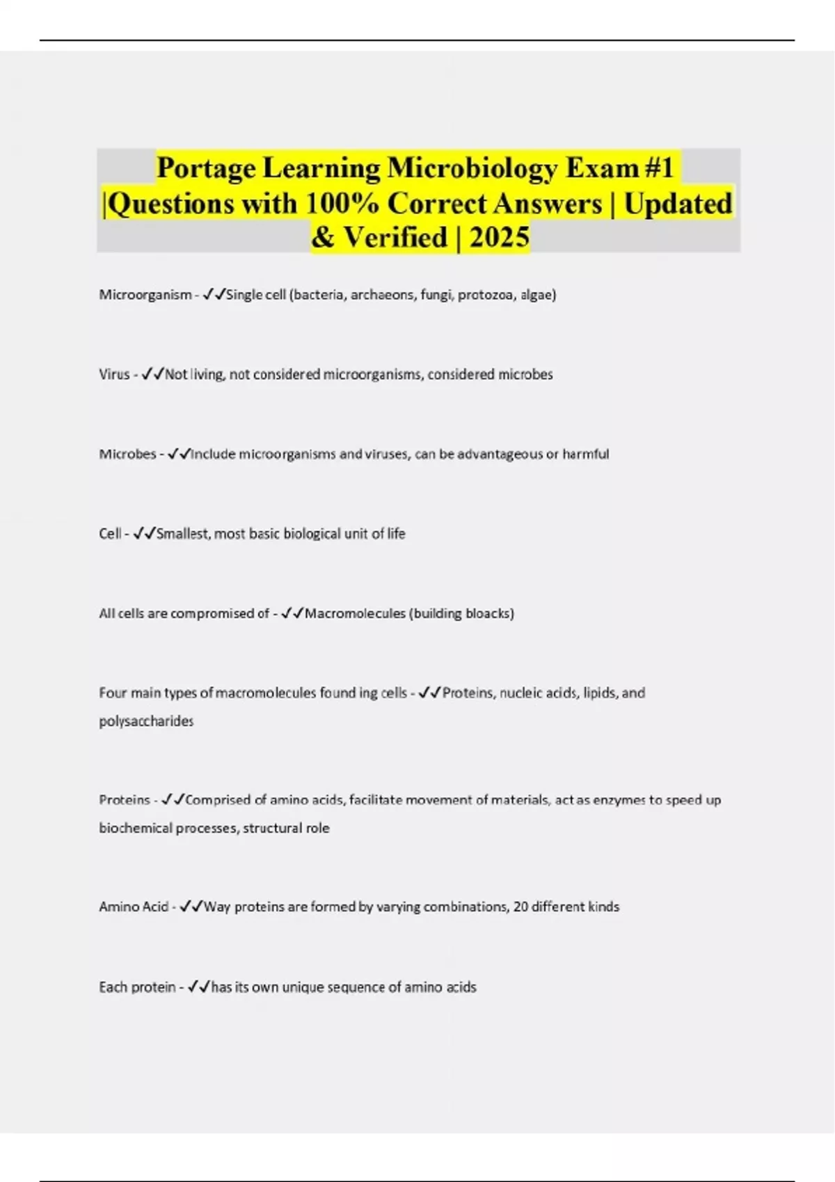Portage Learning Microbiology Exam #1 |Questions with 100% Correct ...