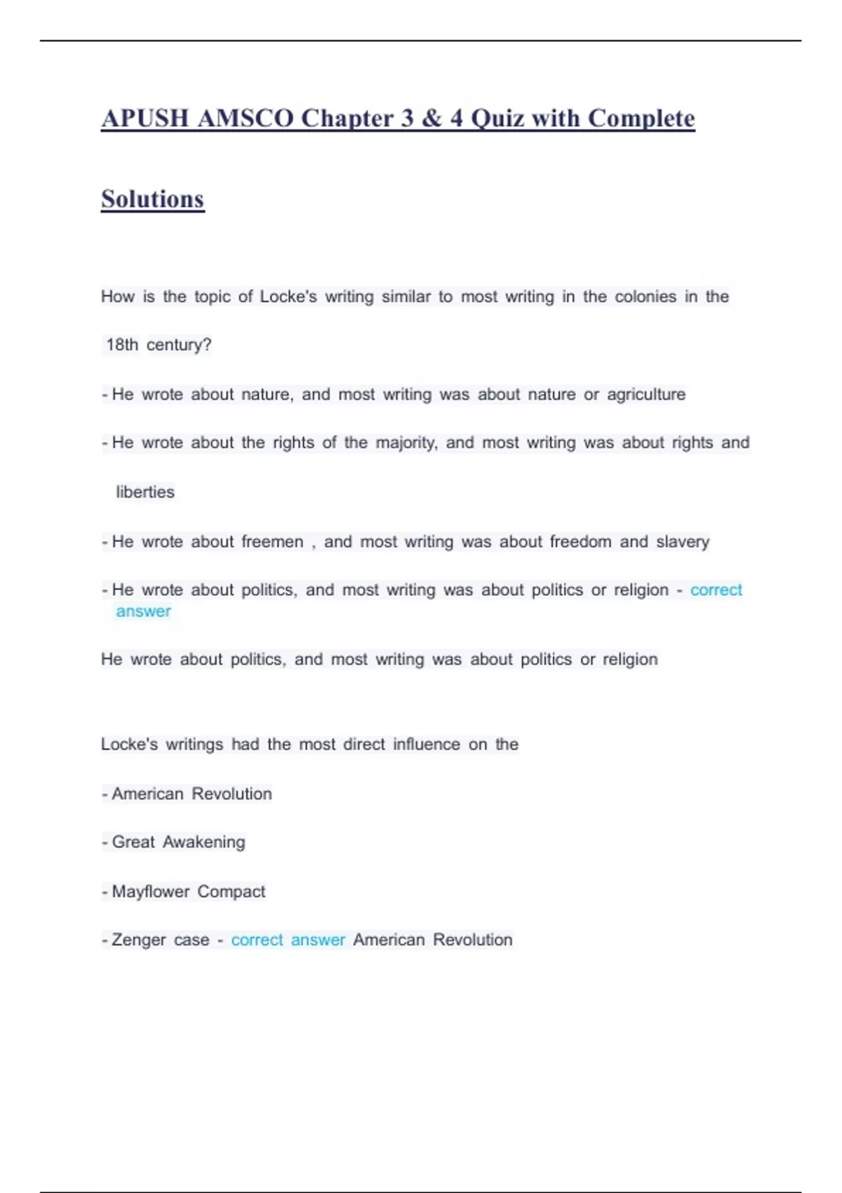 APUSH AMSCO Chapter 3 & 4 Quiz with Complete Solutions - APUSH AMSCO ...