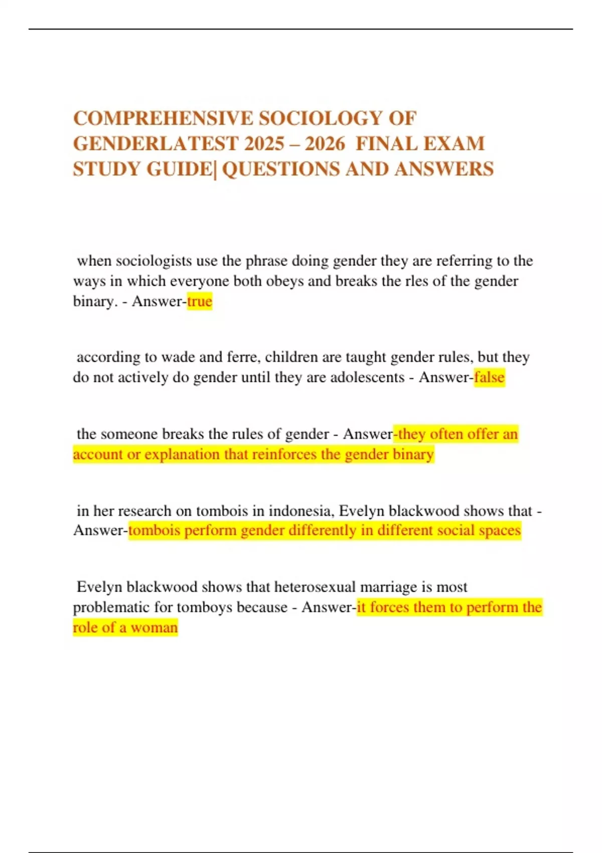 COMPREHENSIVE SOCIOLOGY OF GENDERLATEST 2025 – 2026 FINAL EXAM STUDY ...