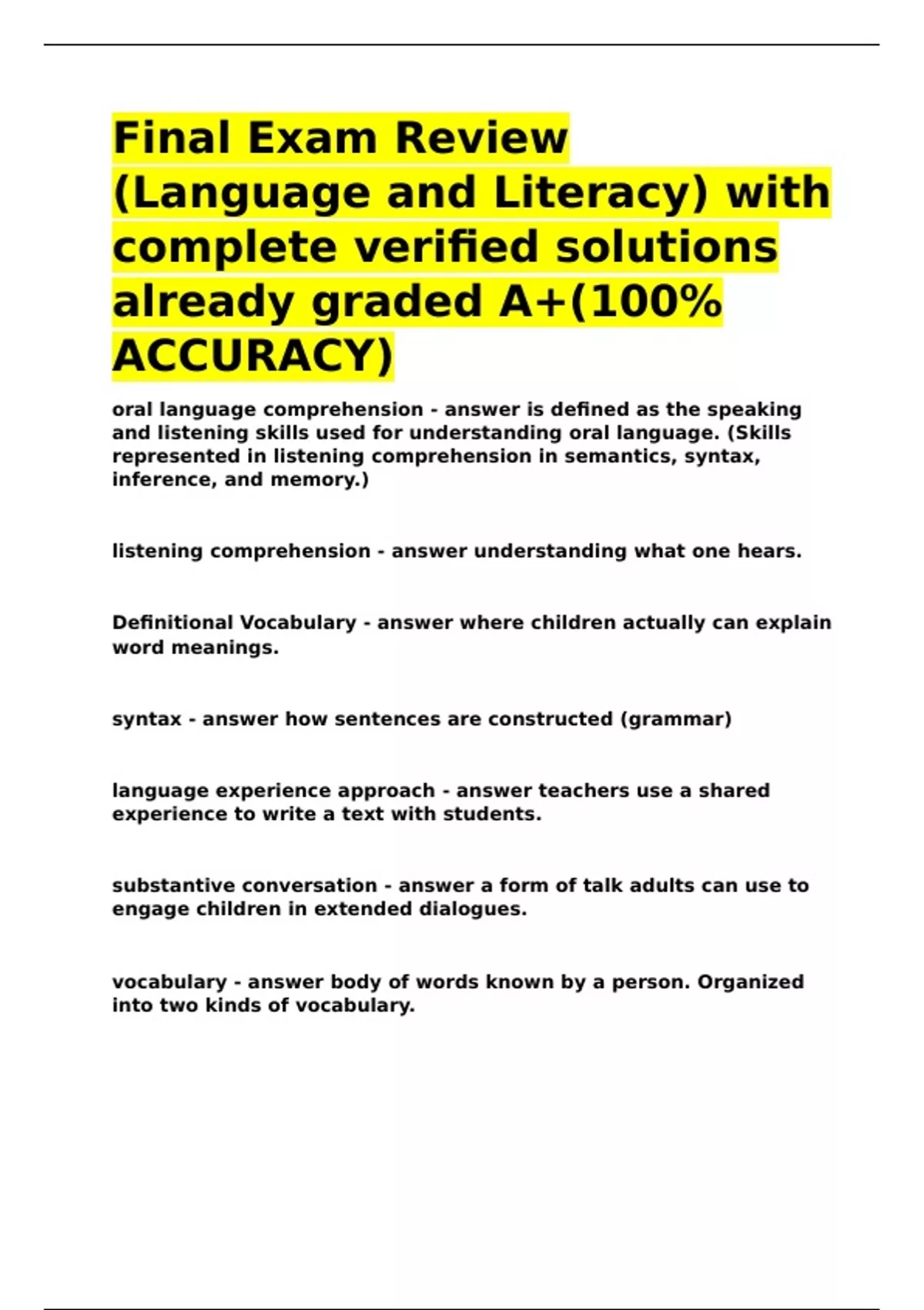 Final Exam Review (Language and Literacy) with complete verified ...