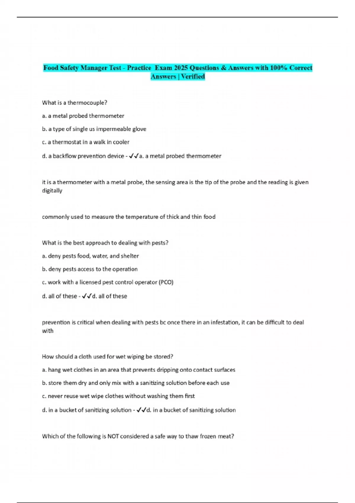 Food Safety Manager Test - Practice Exam 2025 Questions & Answers with ...