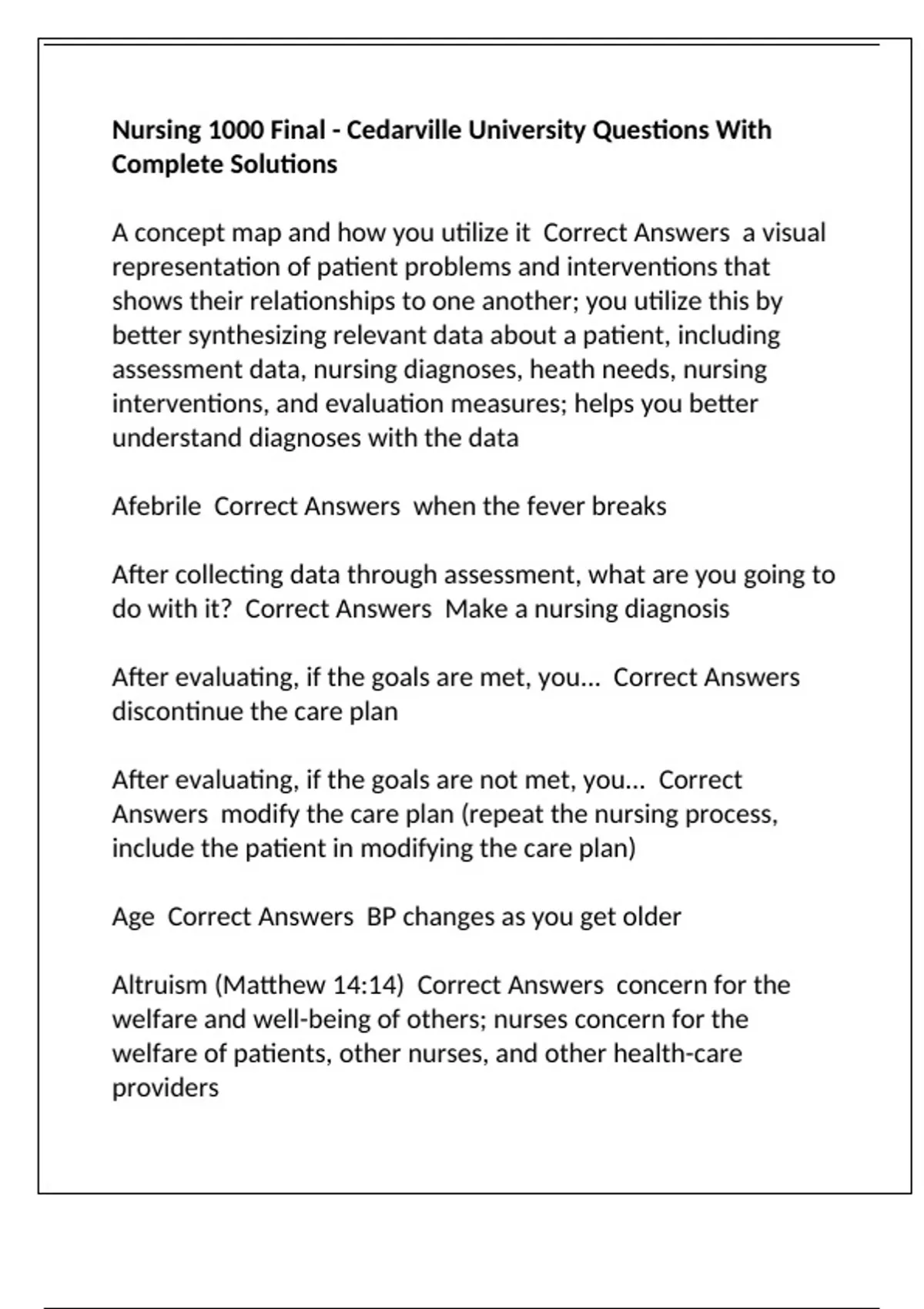 Nursing 1000 Final - Cedarville University Questions With Complete ...