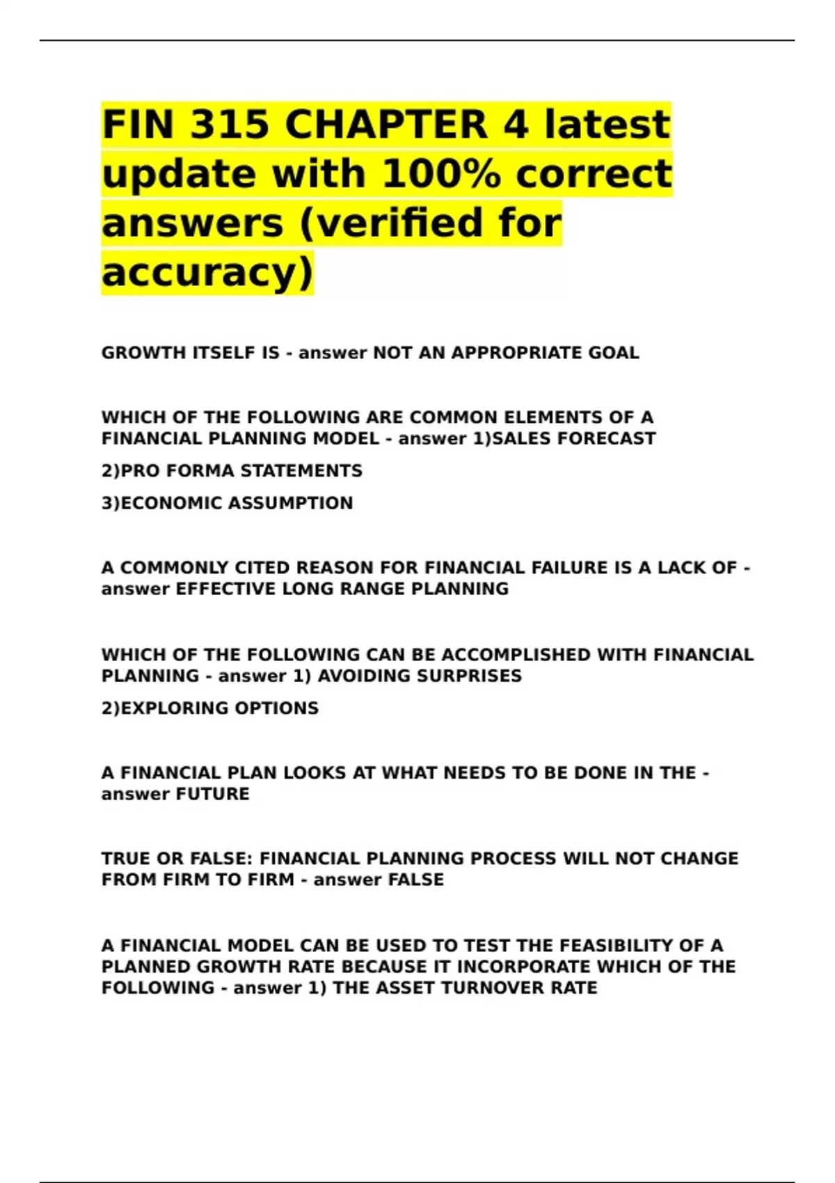 FIN 315 CHAPTER 4 latest update with 100- correct answers (verified for ...