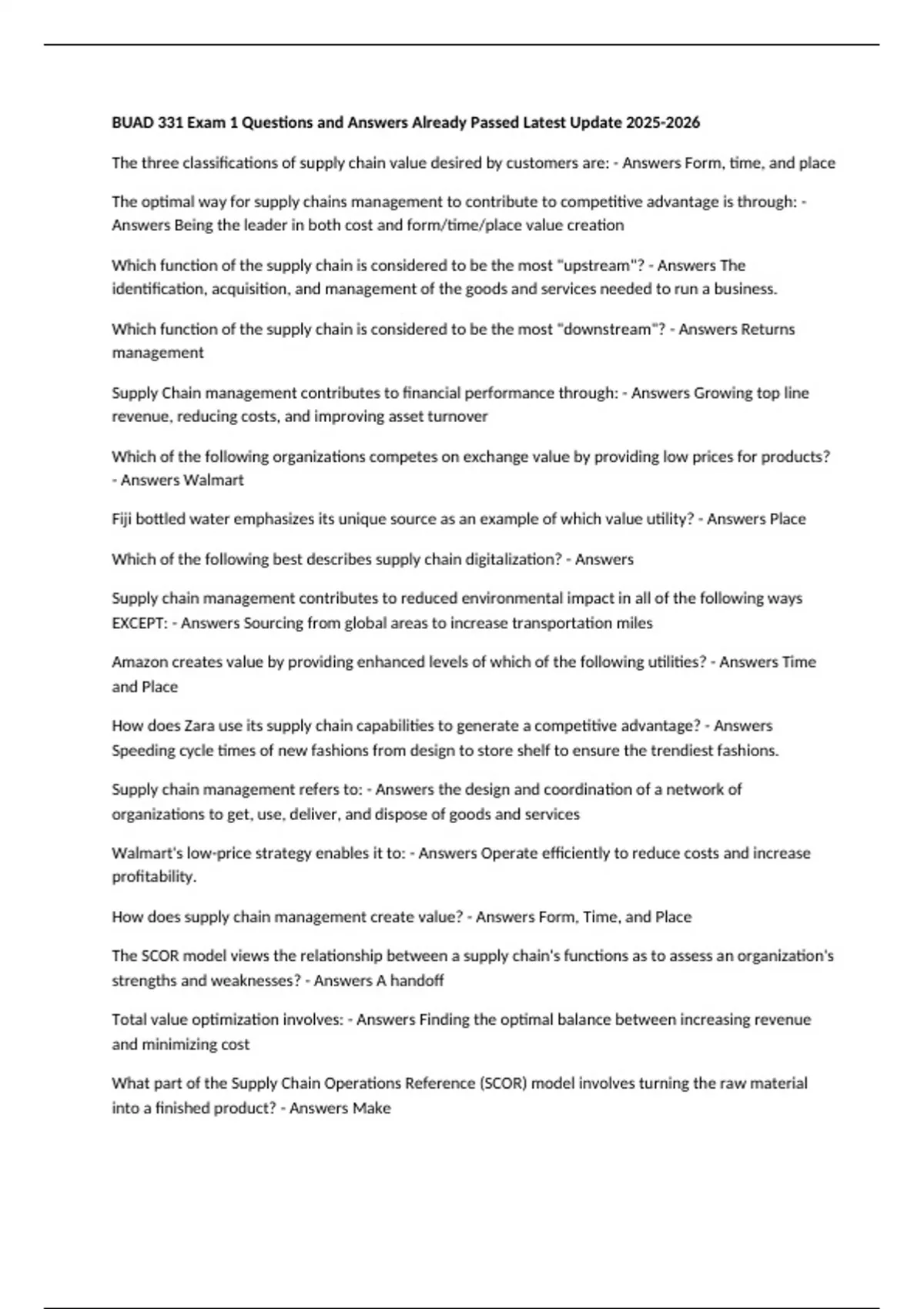 BUAD 331 Exam 1 Questions and Answers Already Passed Latest Update ...