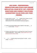 NCE EXAM - PROFESSIONAL  ORIENTATION AND ETHICS 2025&vert; BRAND  NEW ACTUAL EXAM WITH 100&percnt; VERIFIED  QUESTIONS AND CORRECT SOLUTIONS&vert;  GUARANTEED VALUE PACK&vert; ACE YOUR  GRADES&period;