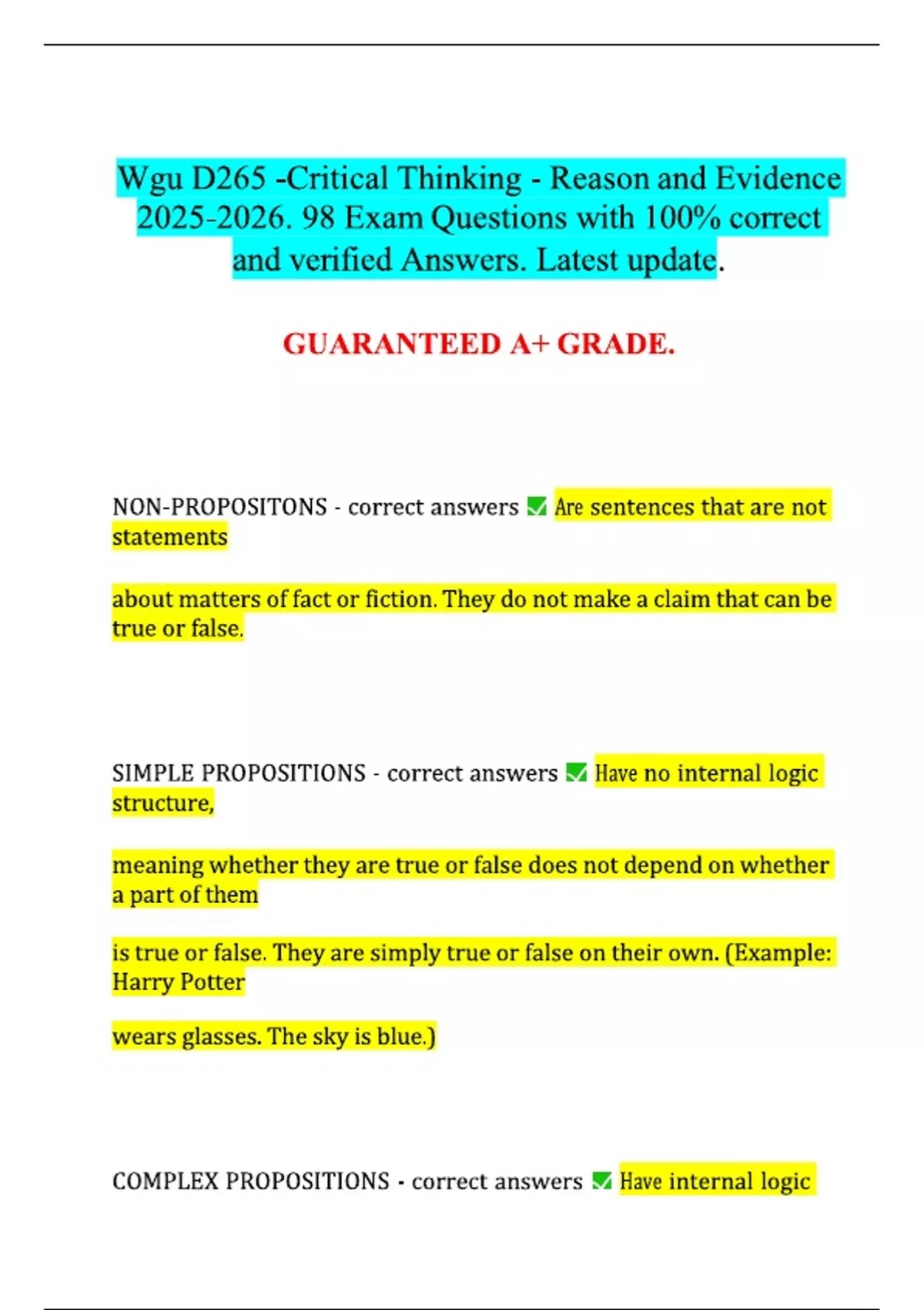 Wgu D265 -Critical Thinking - Reason and Evidence . 98 Exam Questions ...