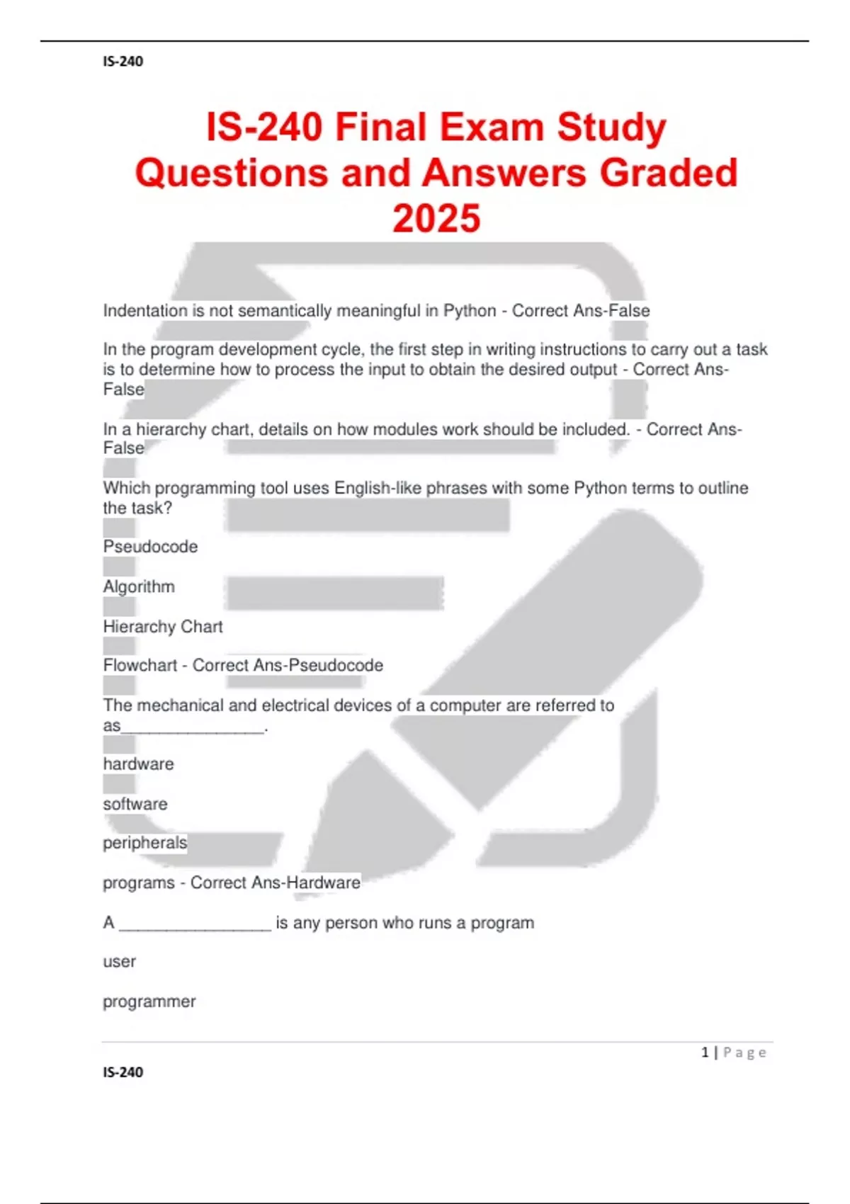 IS-240 Final Exam Study Questions and Answers Graded 2025 - IS-240 ...