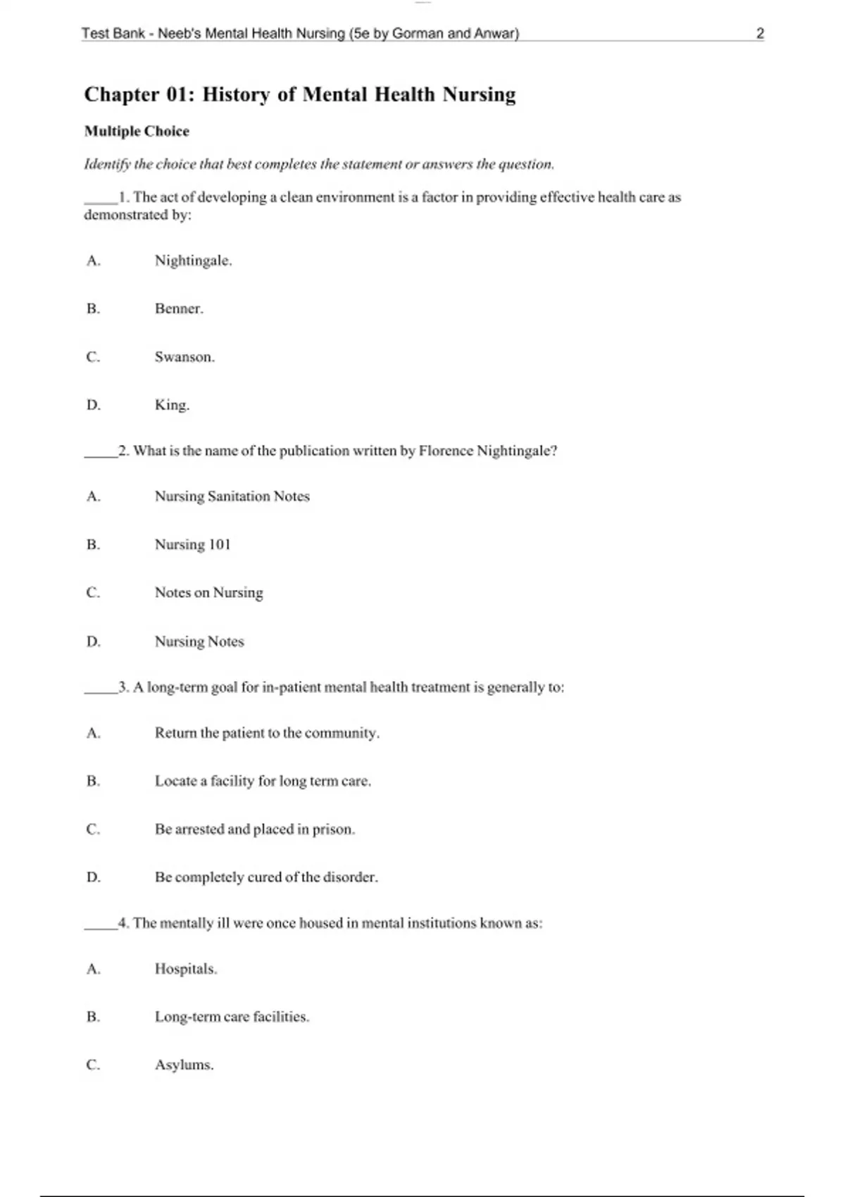 Test Bank- Gorman Neebs Mental Health Nursing 5th Edition by gorman and ...