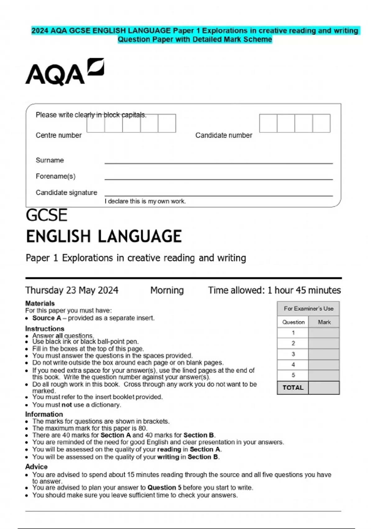 2024 AQA GCSE ENGLISH LANGUAGE Question Paper with Detailed Mark Scheme ...