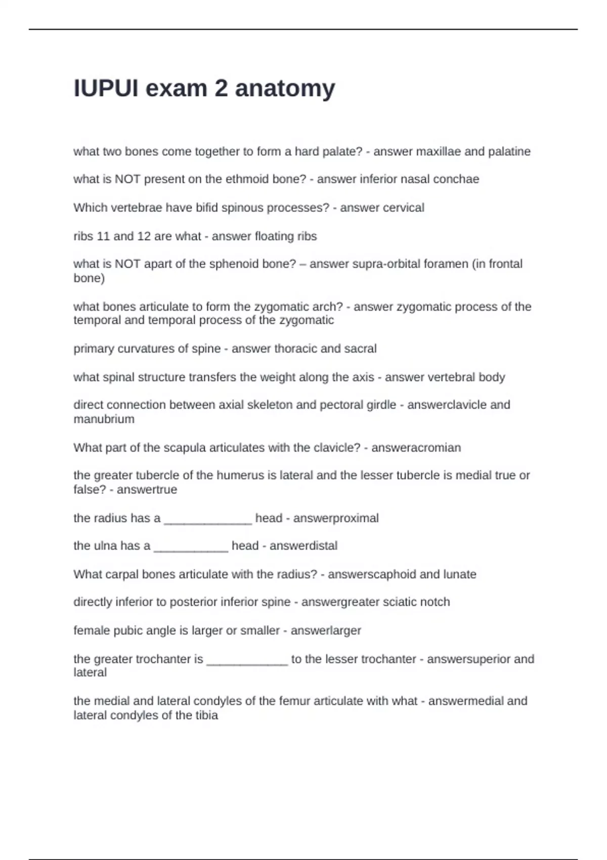 IUPUI exam 2 anatomy Questions with Correct Answers - IUPUI - Stuvia US
