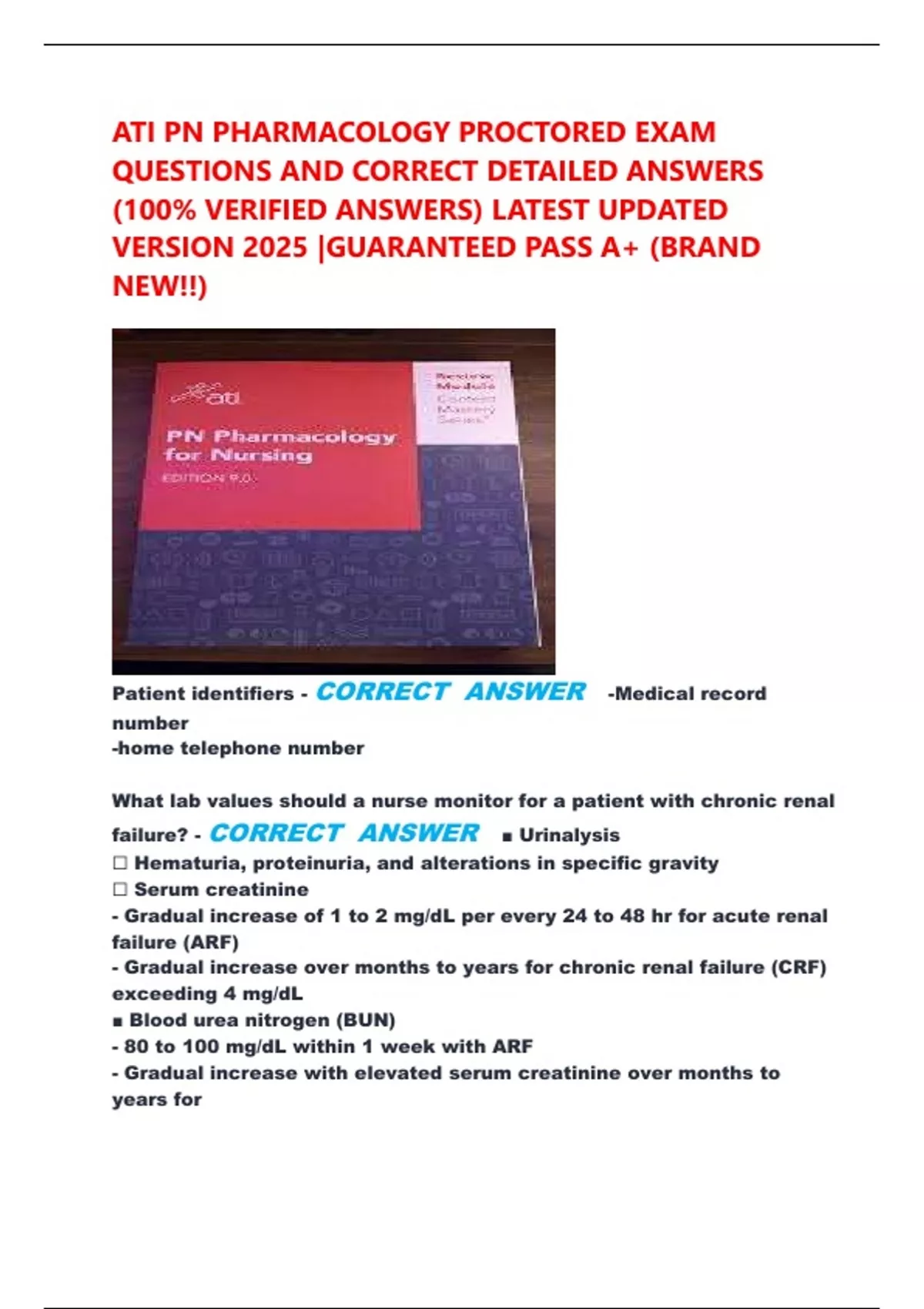 ATI PN PHARMACOLOGY PROCTORED EXAM QUESTIONS AND CORRECT DETAILED ...