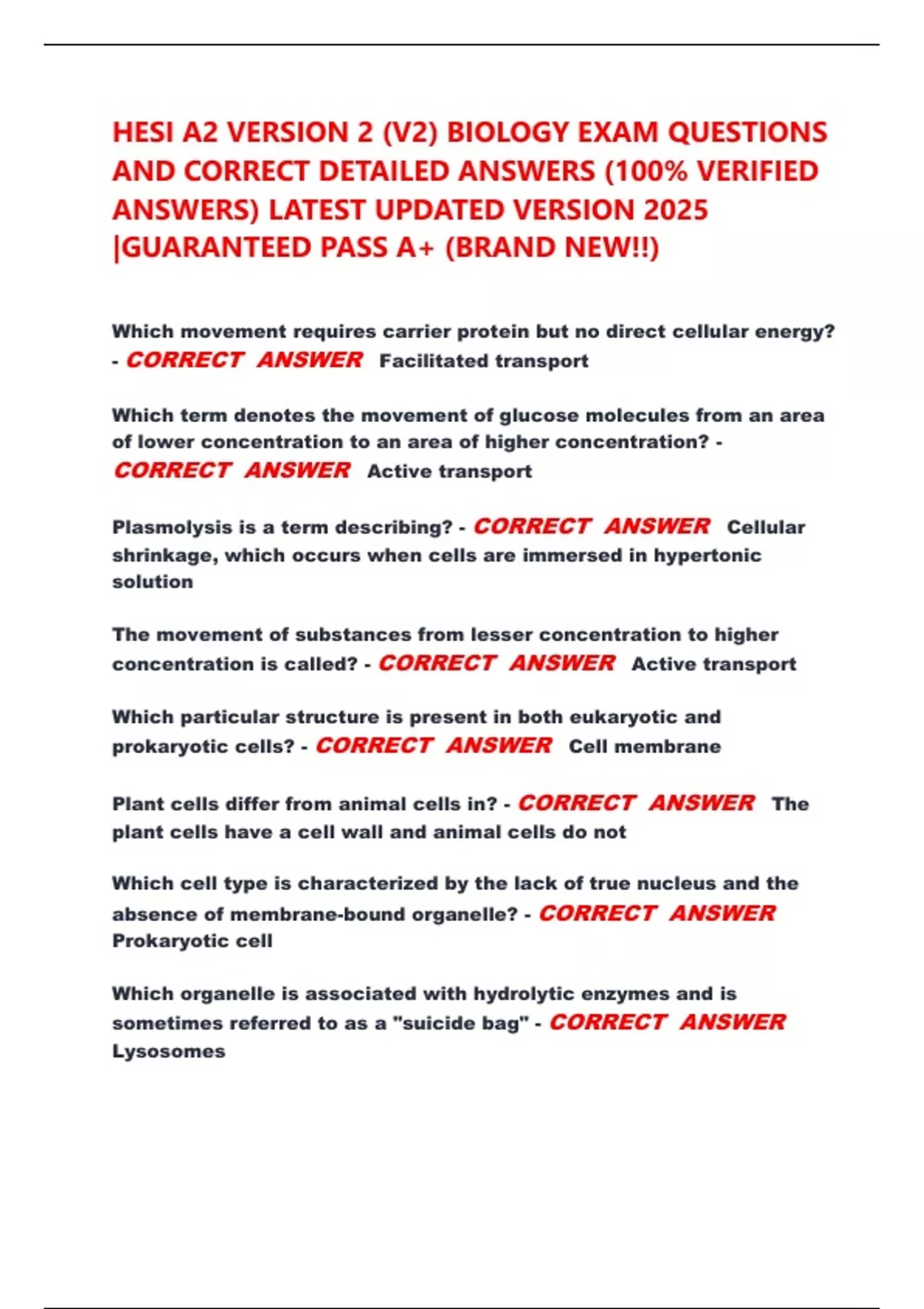 HESI A2 VERSION 2 (V2) BIOLOGY EXAM QUESTIONS AND CORRECT DETAILED ...