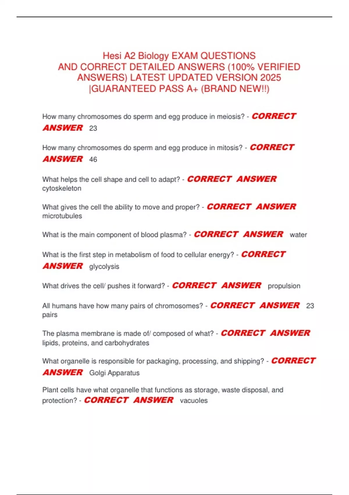 Hesi A2 Biology EXAM QUESTIONS AND CORRECT DETAILED ANSWERS (100% ...