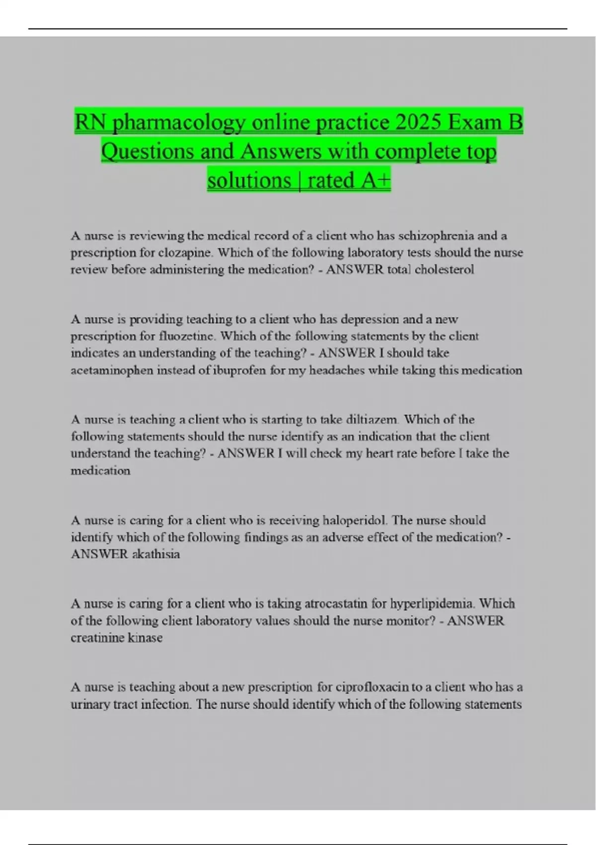 RN pharmacology online practice 2025 Exam B Questions and Answers with ...