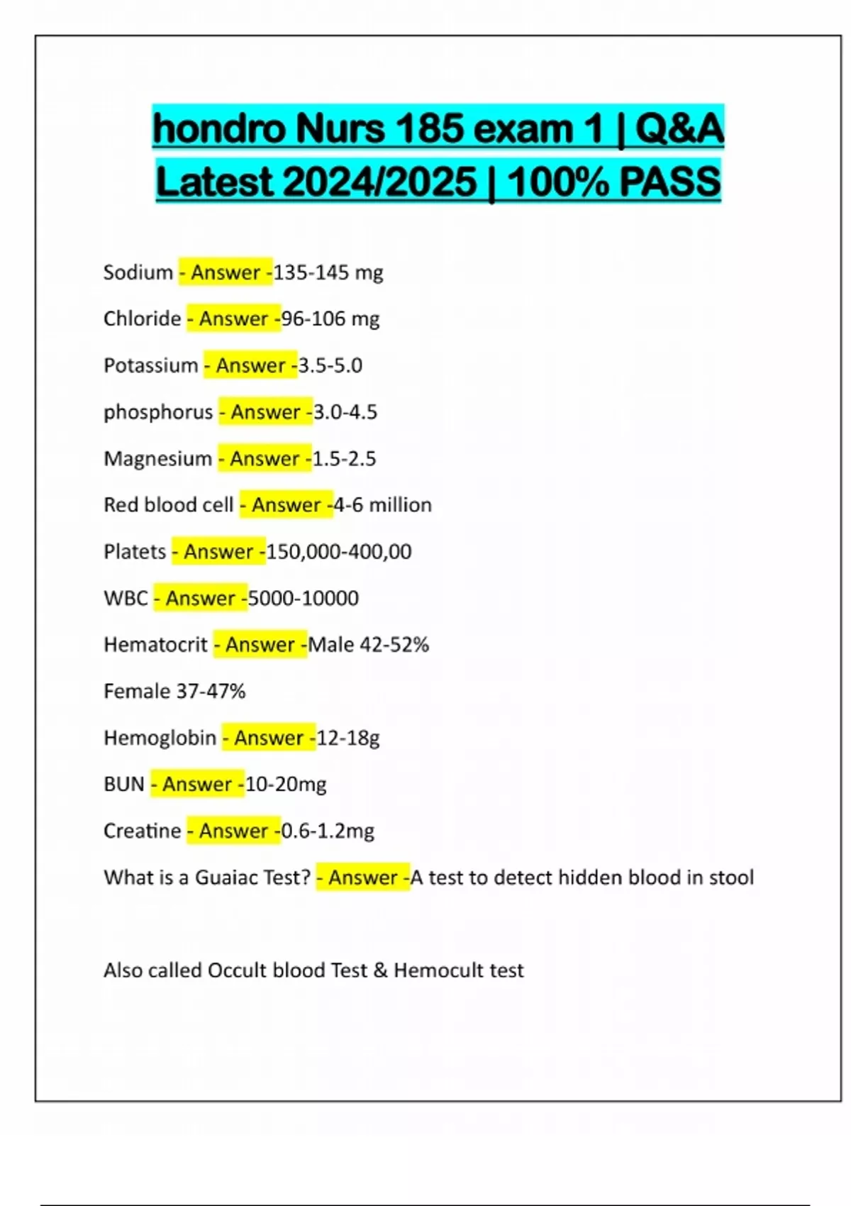 HONDROS NUR 185 - NURSING 185 PACKAGE DEAL | QUESTIONS AND CORRECT ...