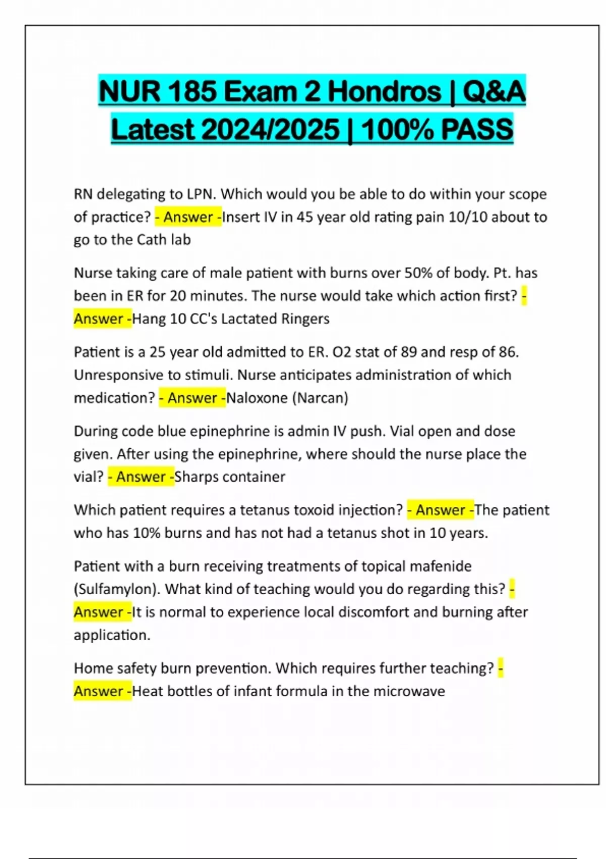 NUR 185 EXAM 2 HONDROS ACTUAL 2025/2026 QUESTIONS AND 100% CORRECT ...