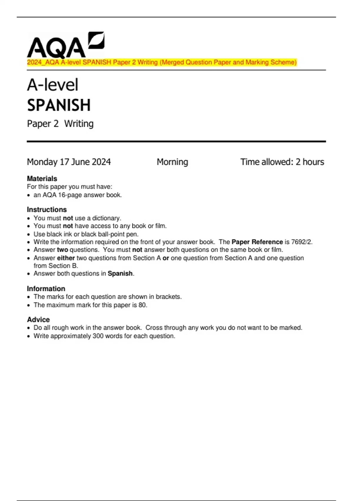 2024_AQA A-level SPANISH Paper 2 Writing (Merged Question Paper and ...