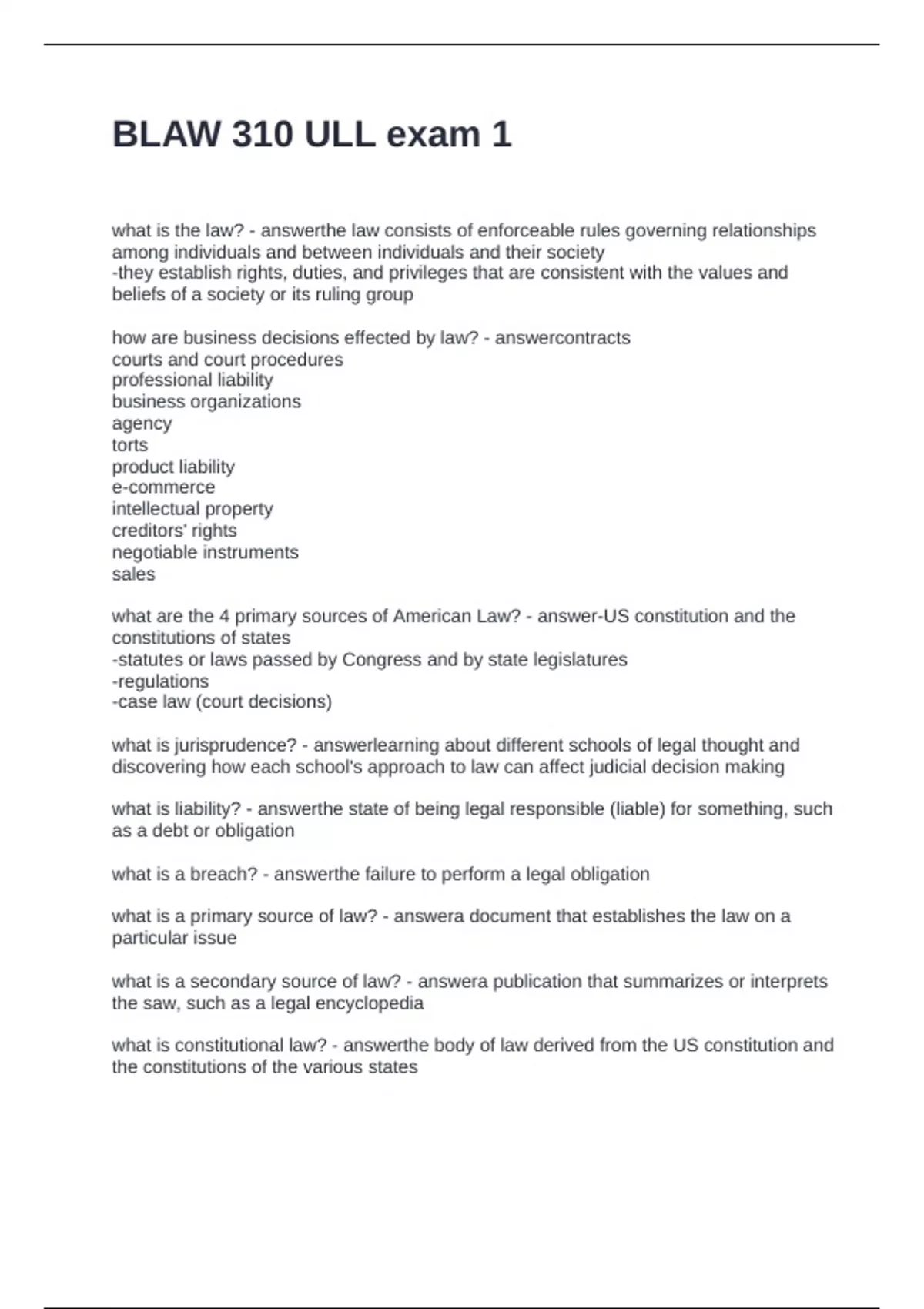 BLAW 310 ULL exam 1 Questions and Answers 100% Solved - BLAW - Stuvia US