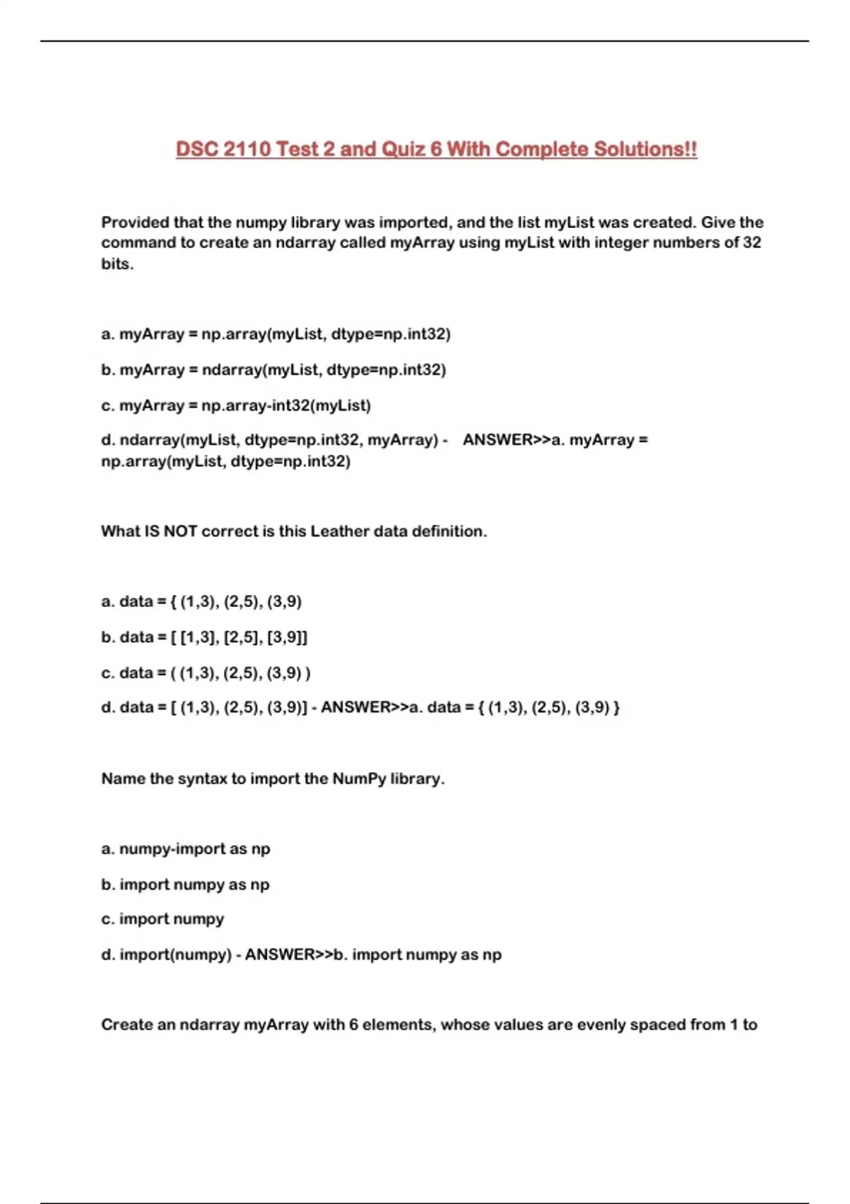 DSC 2110 Test 2 and Quiz 6 With Complete Solutions!! - DSC 2110 - Stuvia US
