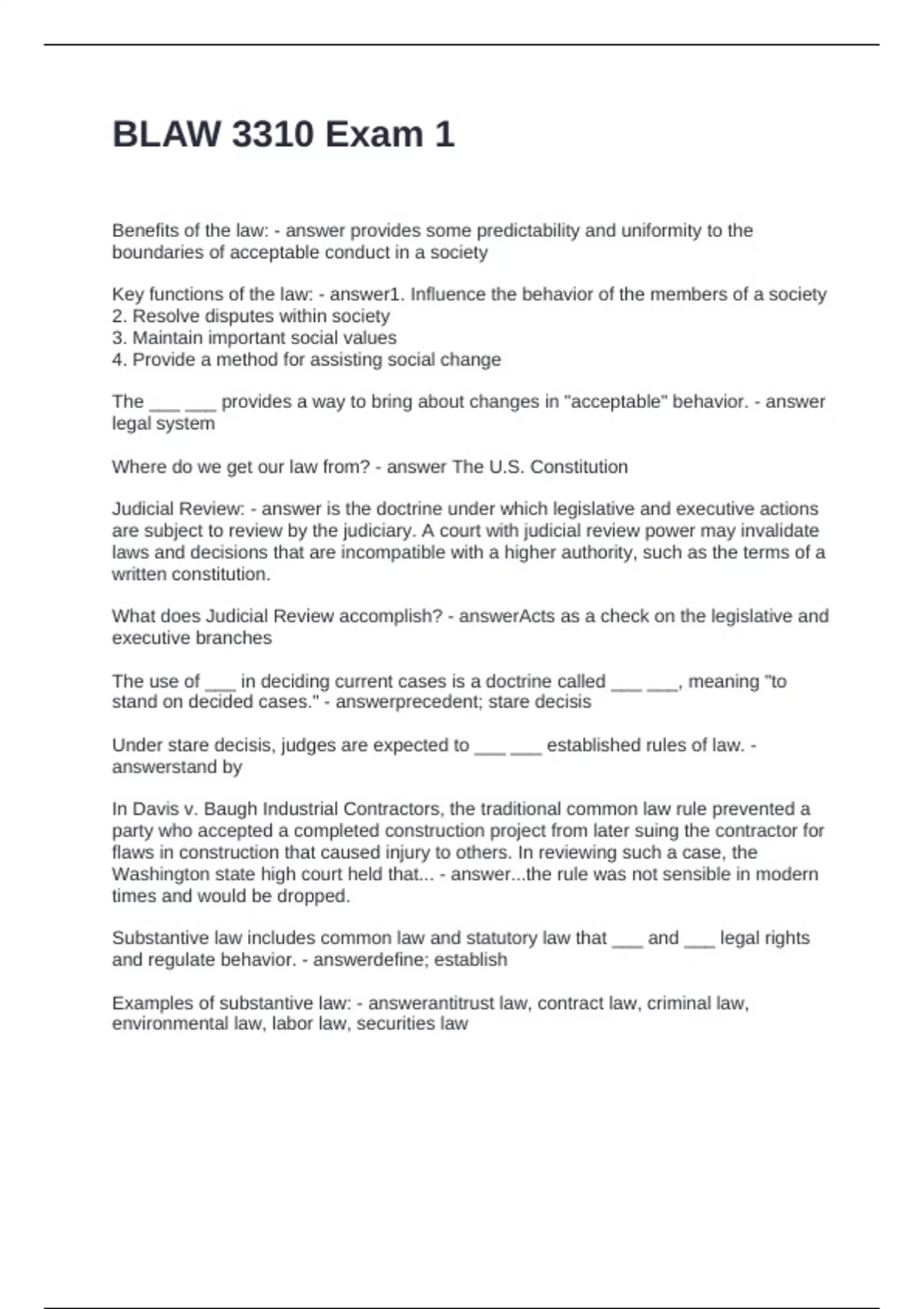 BLAW 3310 Exam 1 Questions and Answers 100% Correct - BLAW - Stuvia US