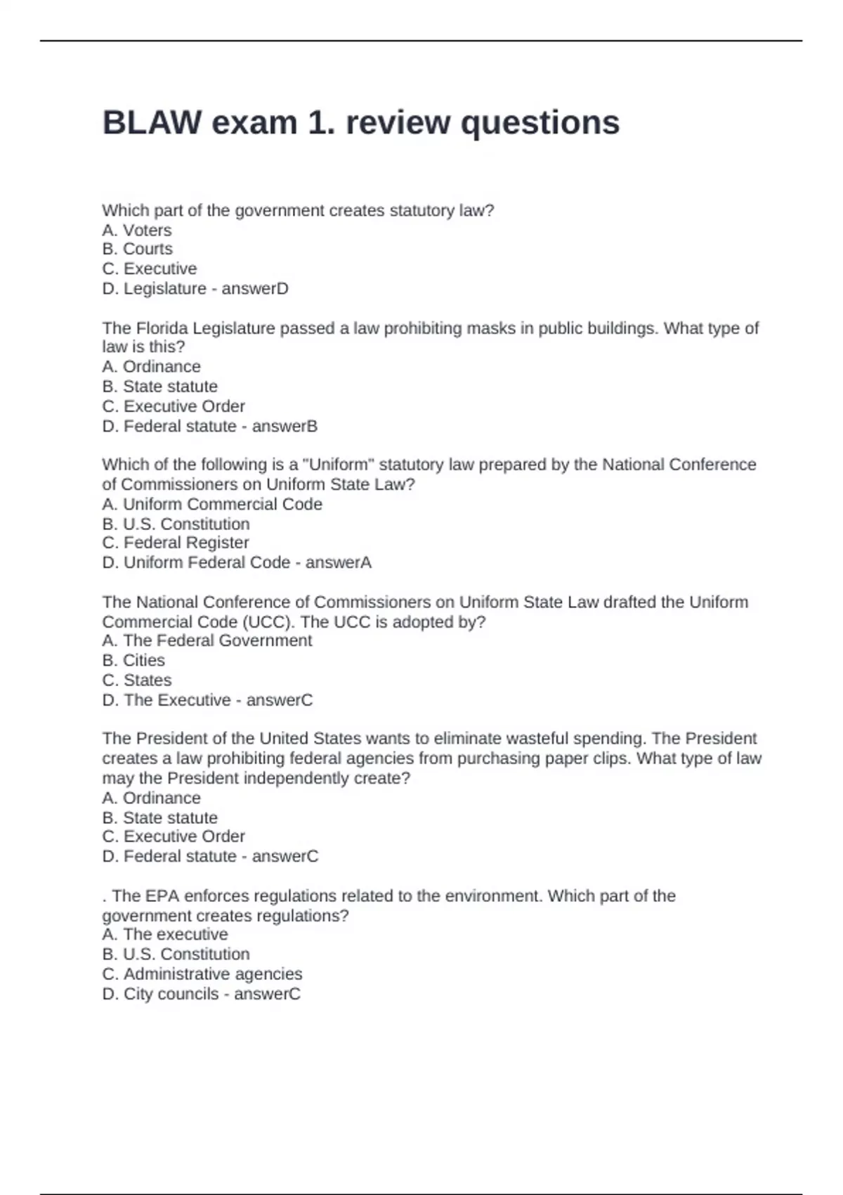 BLAW exam 1. review questions with solutions - BLAW - Stuvia US