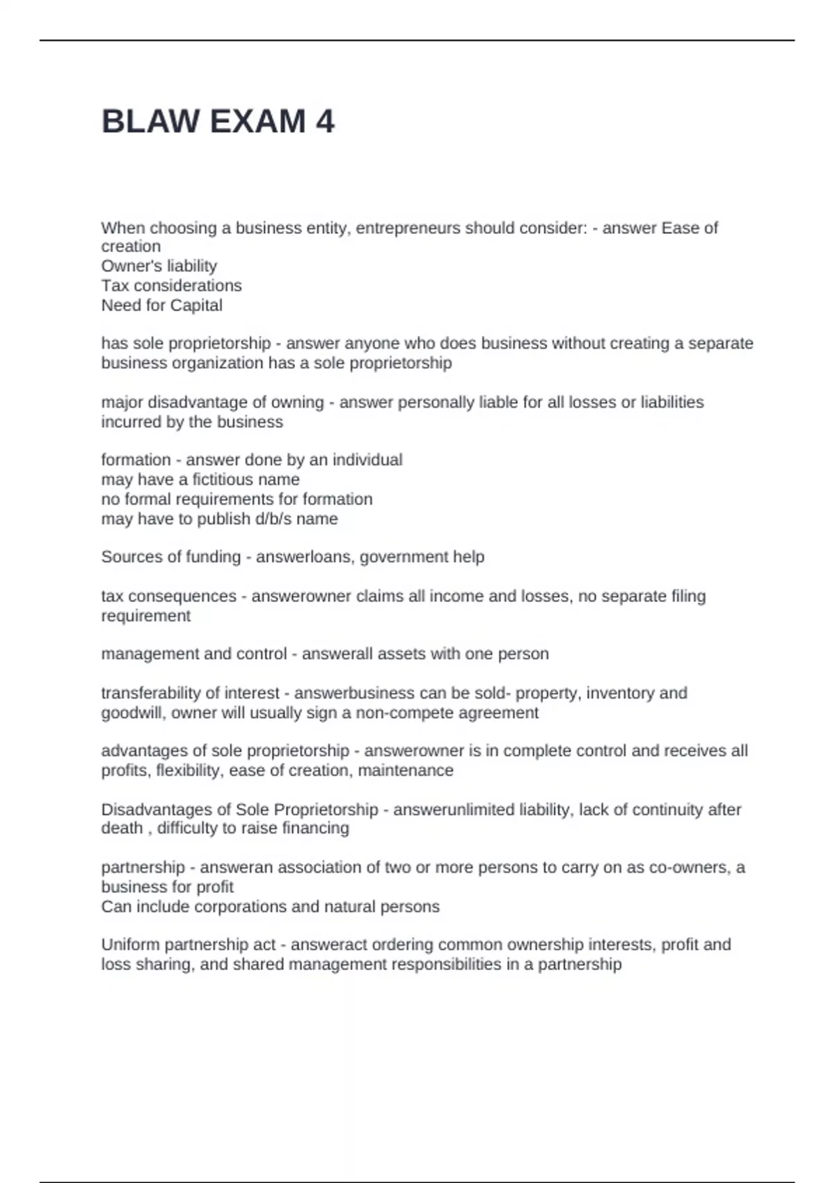 BLAW EXAM 4 QUESTIONS WITH SOLUTIONS - BLAW - Stuvia US
