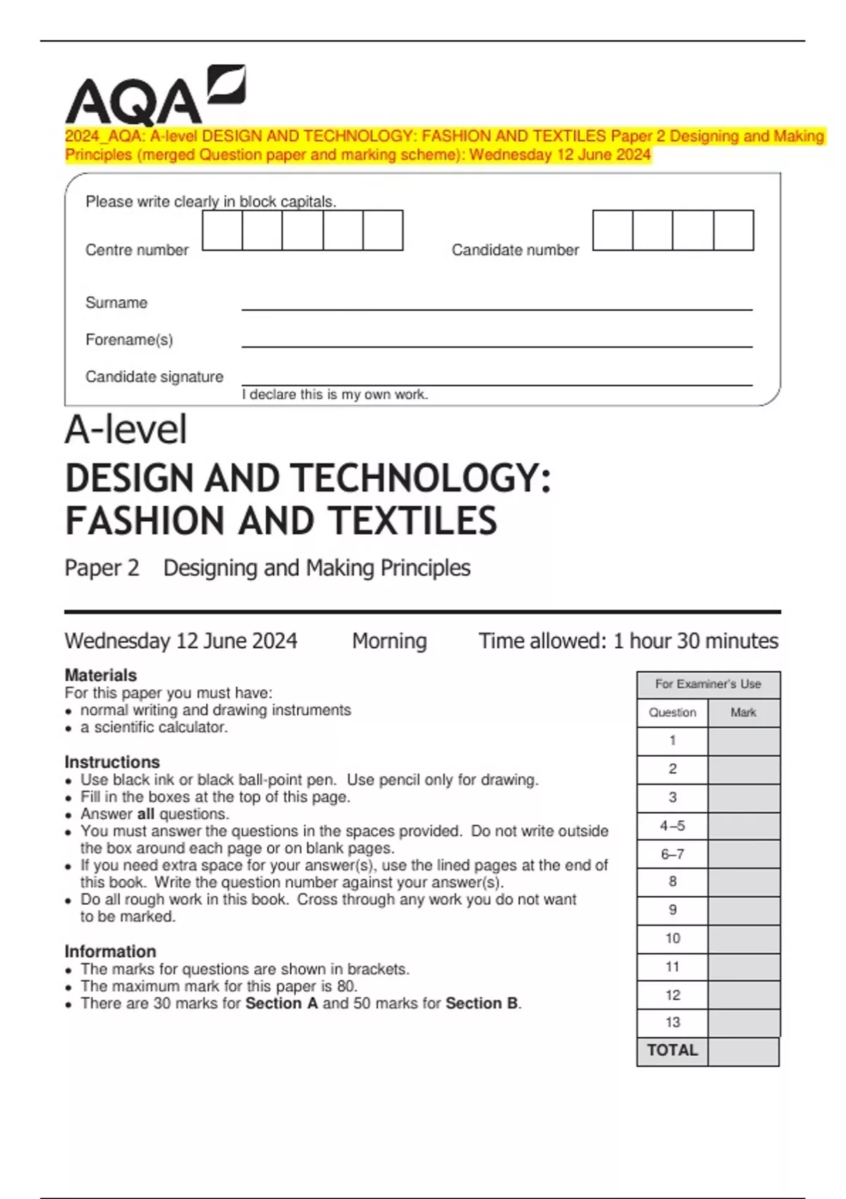 2024_AQA: A-level DESIGN AND TECHNOLOGY: FASHION AND TEXTILES Paper 2 ...