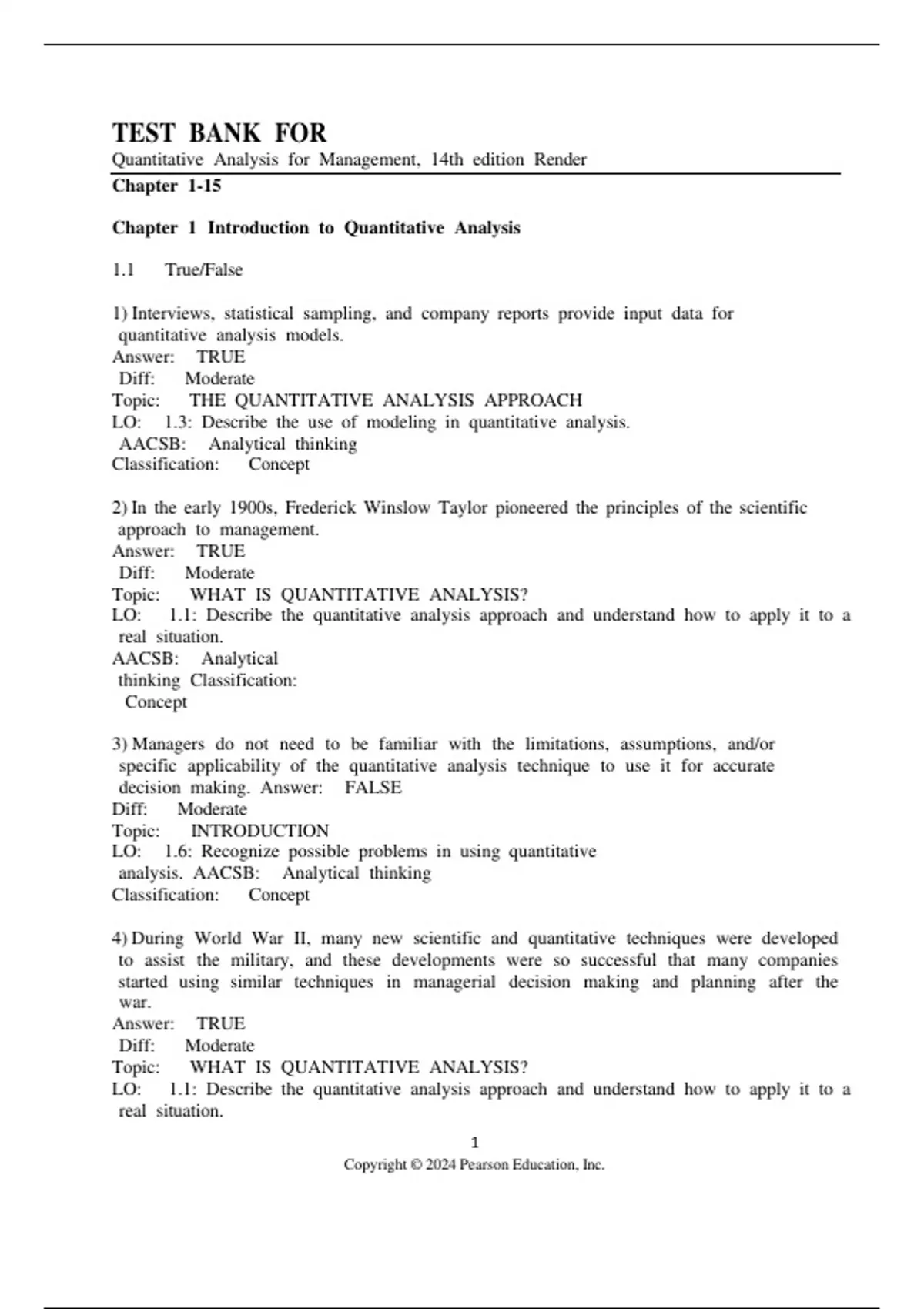 Test Bank for Quantitative Analysis for Management, 14th Edition by ...