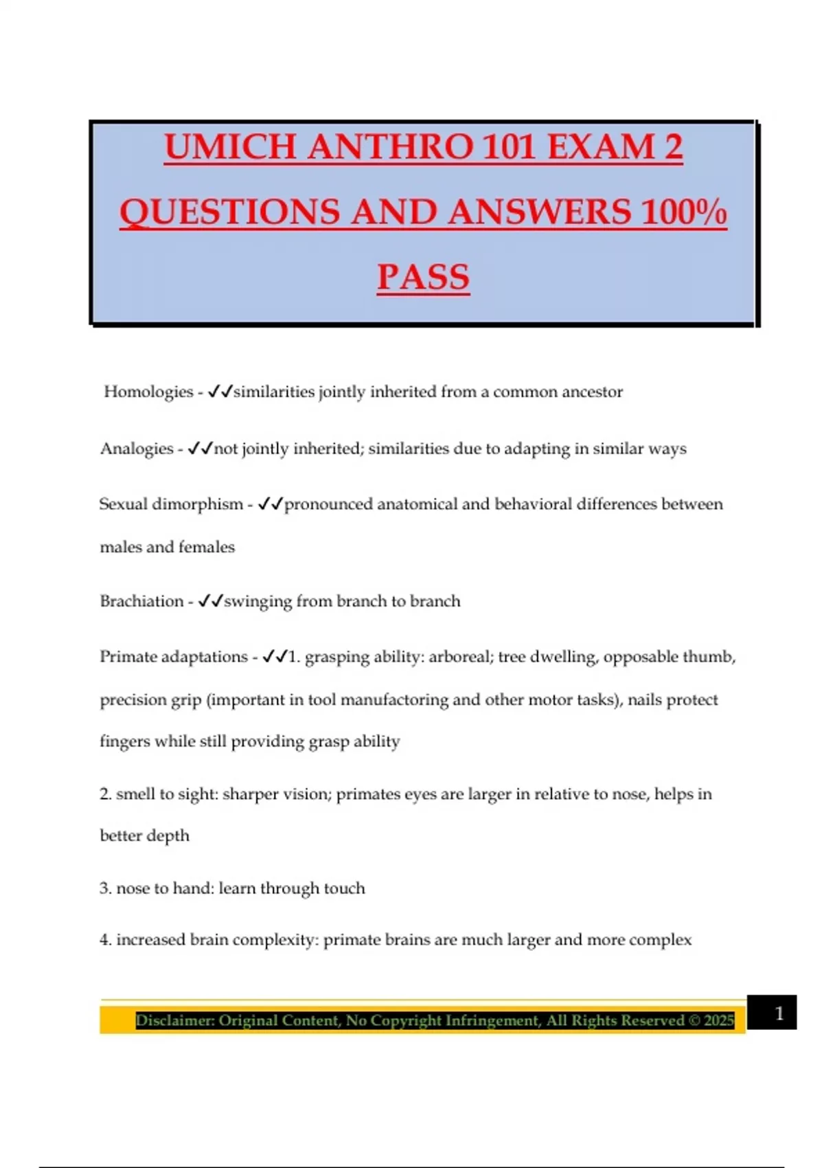 UMICH ANTHRO 101 EXAM 2 QUESTIONS AND ANSWERS 100% PASS - UMich Anthro ...