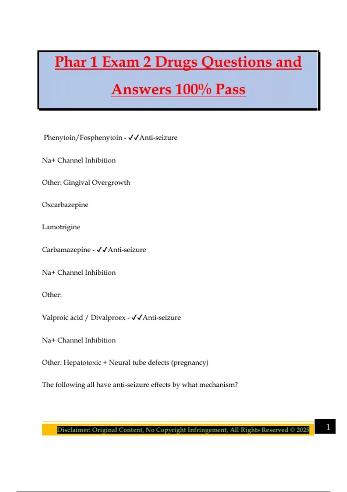 Phar 1 Exam 2 Drugs Questions and Answers 100% Pass - PHAR 100 - Stuvia US