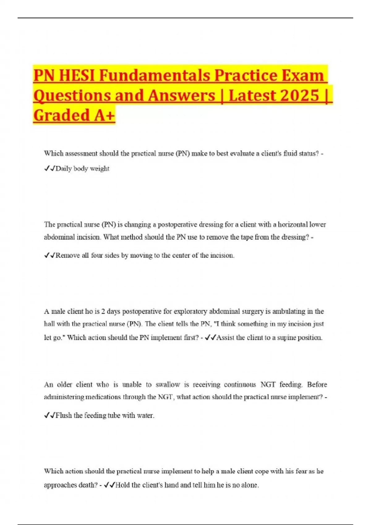 PN HESI Fundamentals Practice Exam Questions and Answers | Latest 2025 | Graded A+ - PN HESI ...