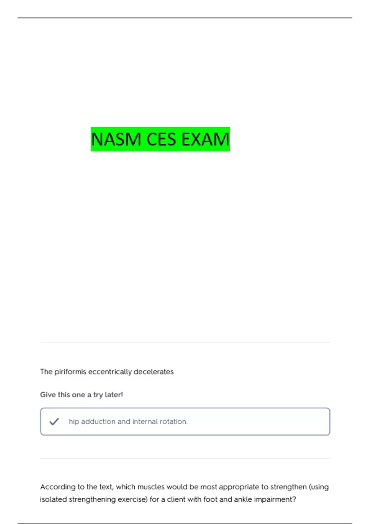 NASM CES PRACTICE QUESTIONS WITH COMPLETE ANSWERS - NASM Ces - Stuvia US