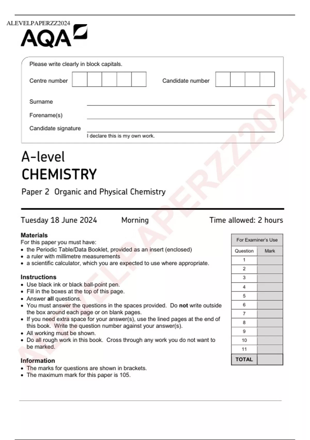 AQA A LEVEL CHEMISTRY PAPER 2 2024 QP MS Stuvia UK AQA A LEVEL CHEMISTRY PAPER 2 2024 QP MS Stuvia UK