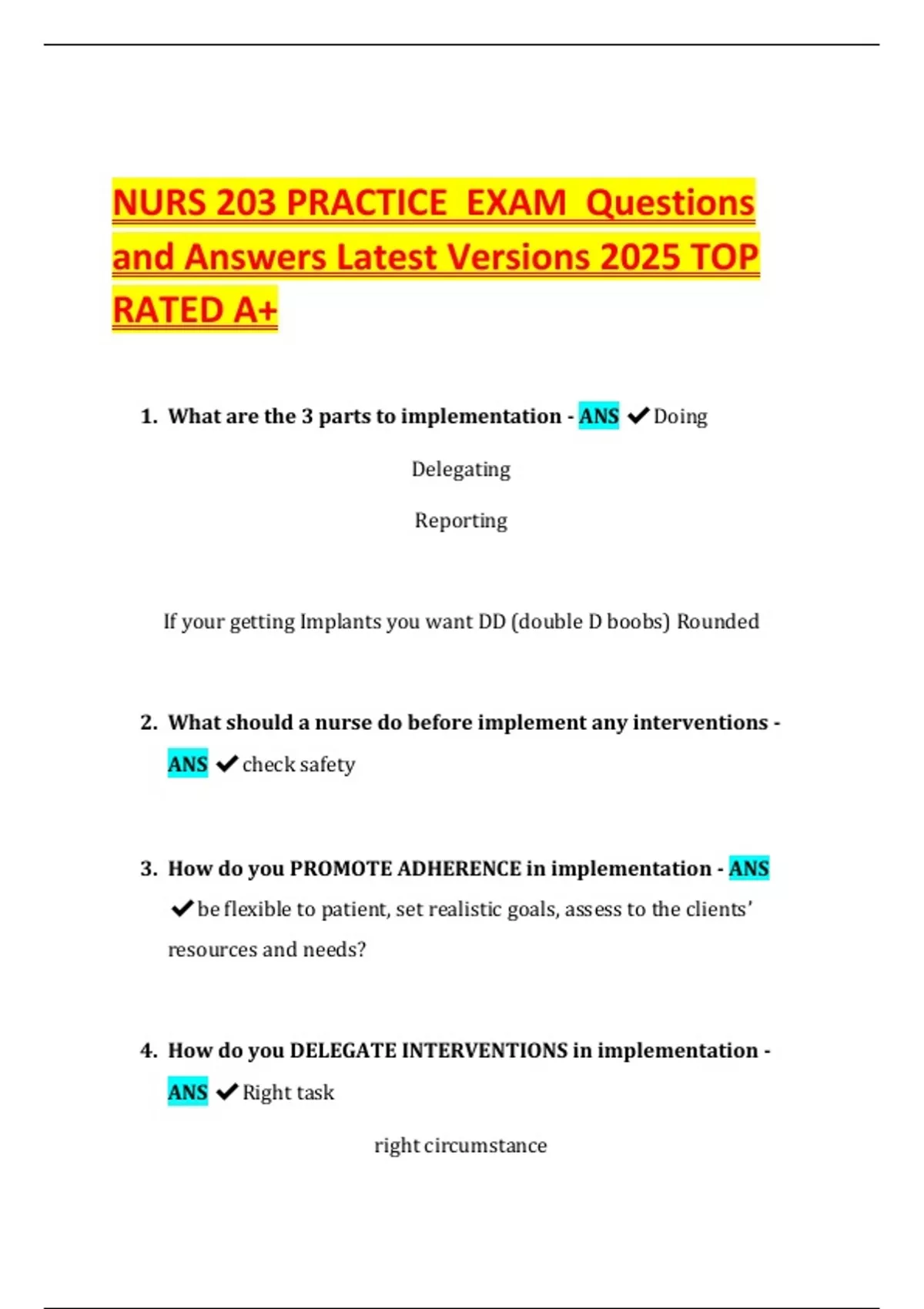 NURS 203 PRACTICE EXAM Questions and Answers Latest Versions 2025 TOP ...