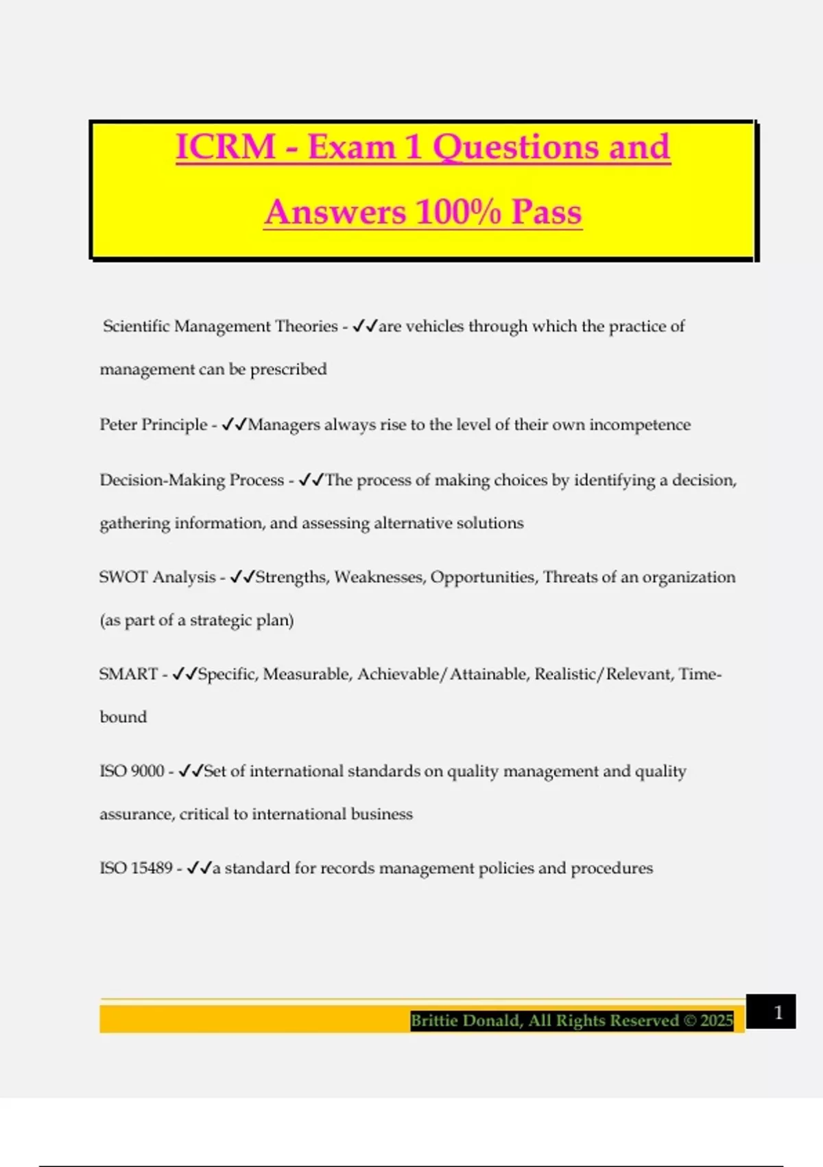 ICRM - Exam 1 Questions and Answers 100% Pass - ICRM - Stuvia US
