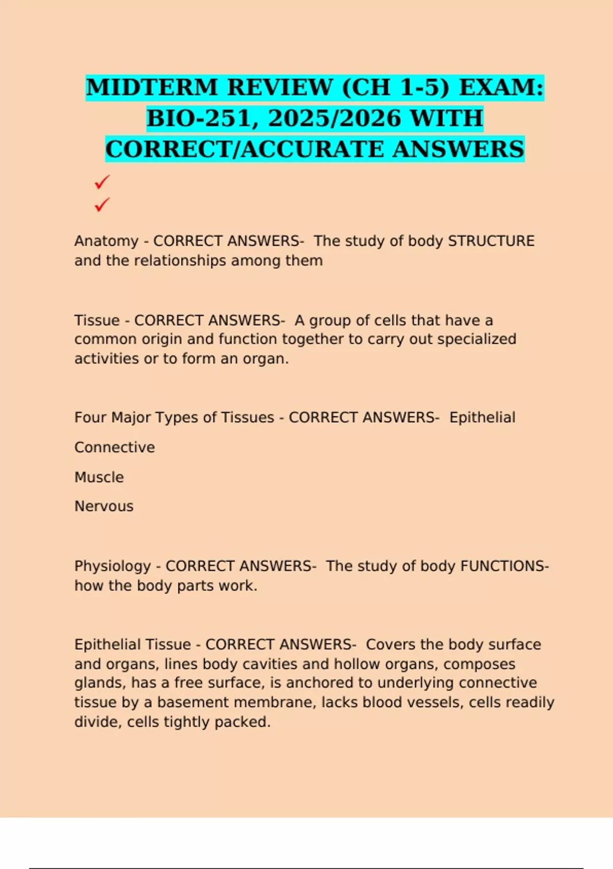 MIDTERM REVIEW (CH 1-5) EXAM: BIO-251, 2025/2026 WITH CORRECT/ACCURATE ...