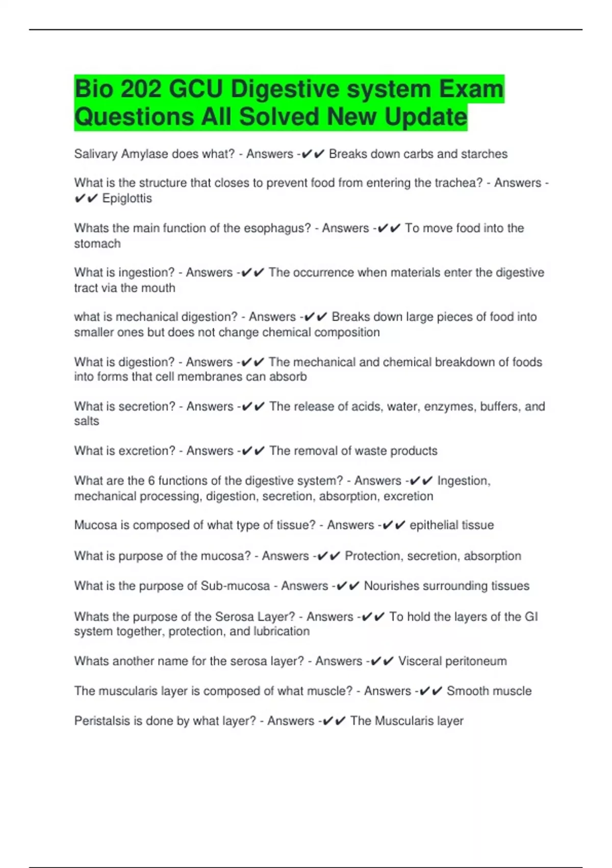 Bio 202 GCU Digestive system Exam Questions All Solved New Update - Bio ...