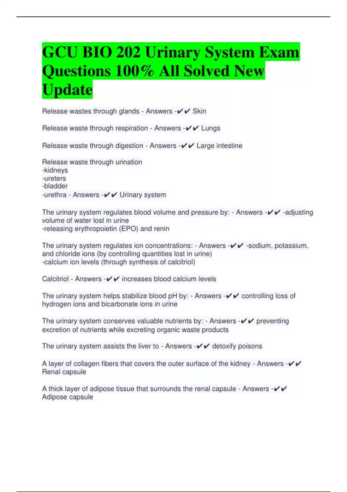 GCU BIO 202 Urinary System Exam Questions 100% All Solved New Update ...