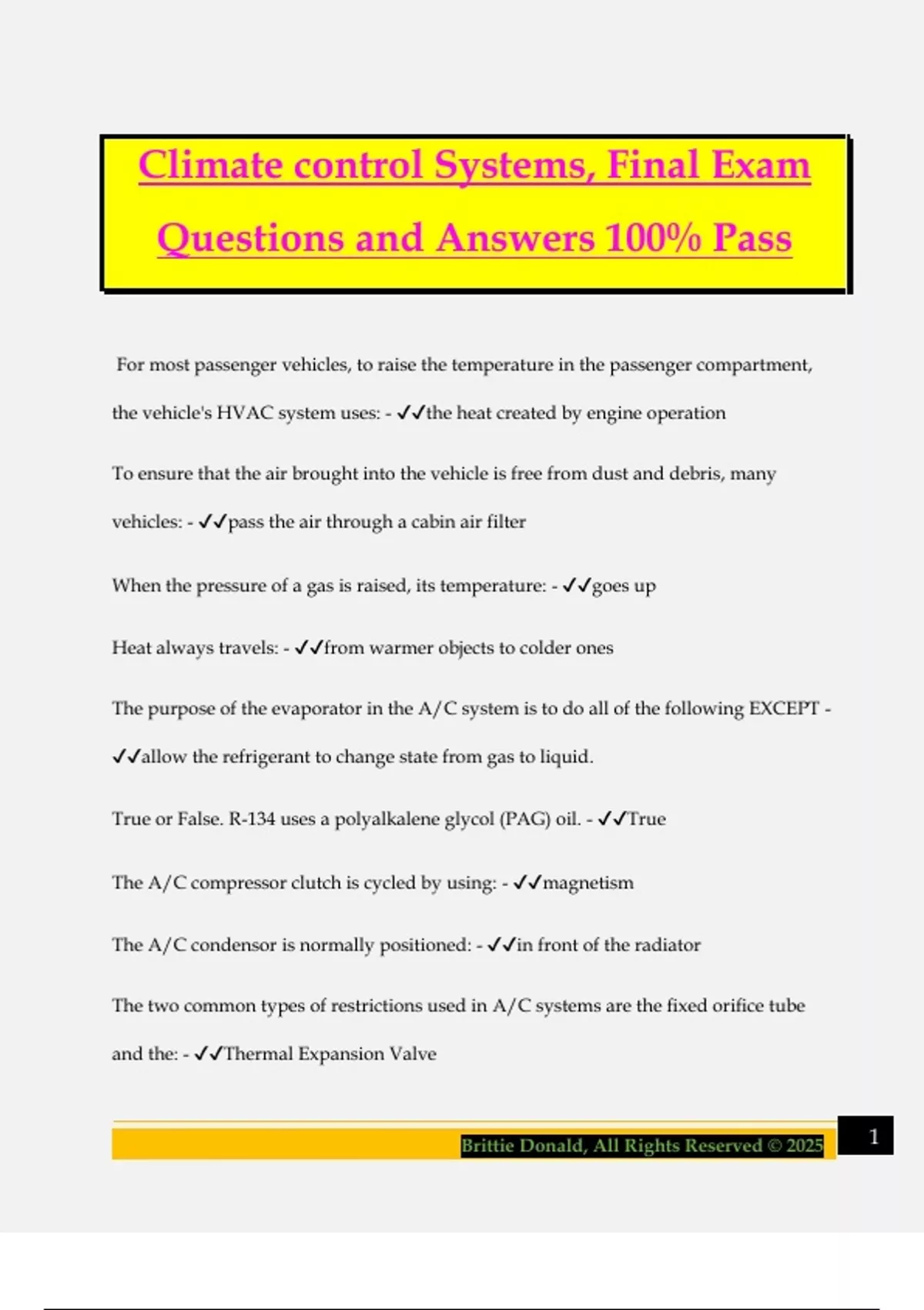 Temperature Controls Answer Key Climate control Systems, Final Exam Questions and Answers 100% Pass ...