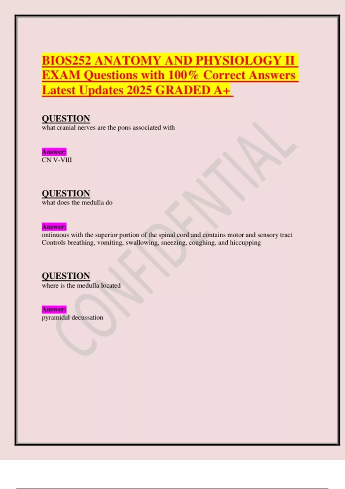 BIOS252 ANATOMY AND PHYSIOLOGY II EXAM Questions with 100- Correct ...