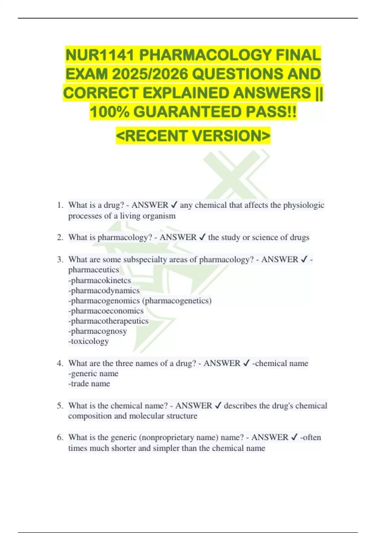 NUR1141 PHARMACOLOGY FINAL EXAM 2025/2026 QUESTIONS AND CORRECT ...