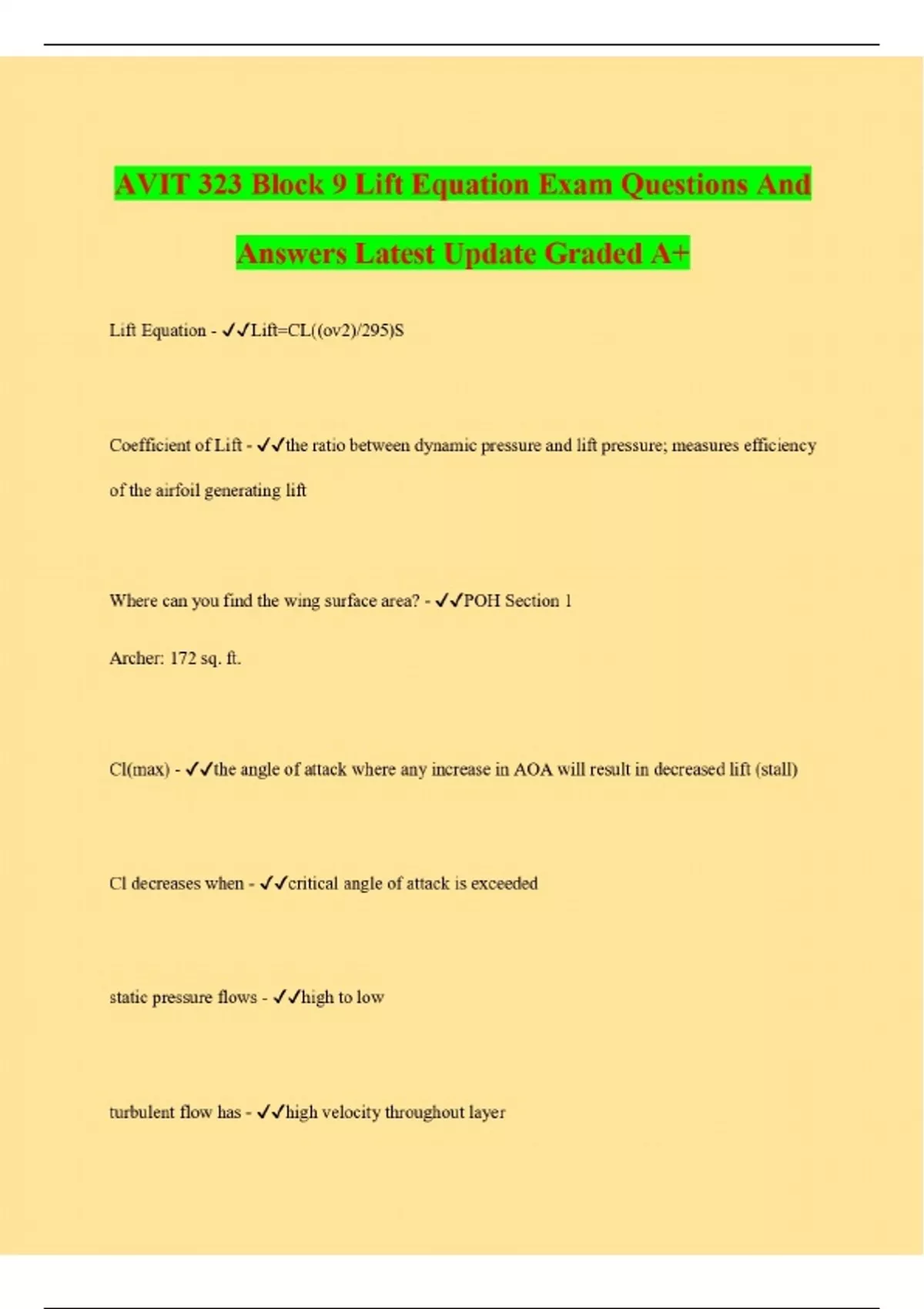 AVIT 323 Block 9 Lift Equation Exam Questions And Answers Latest Update ...