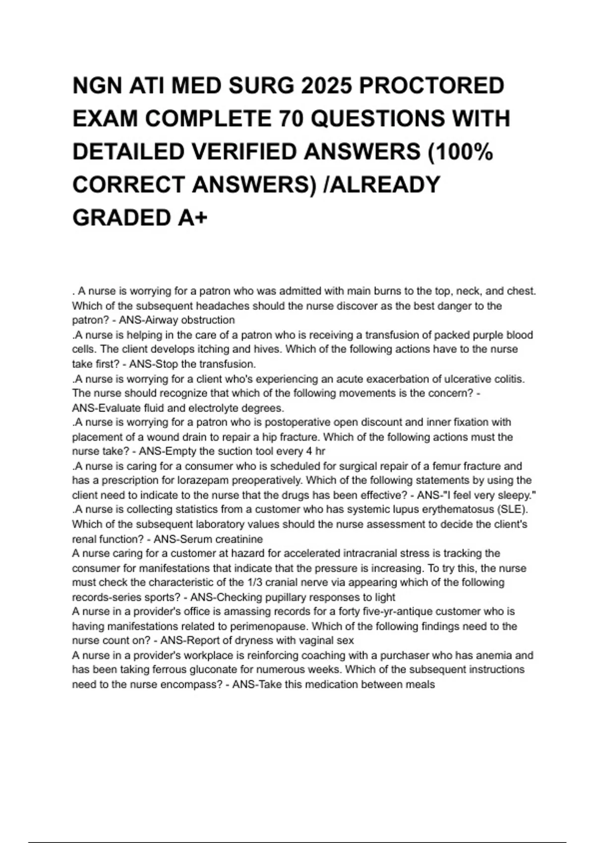 NGN ATI MED SURG PROCTORED EXAM 2026/2027 COMPLETE 70 QUESTIONS WITH ...