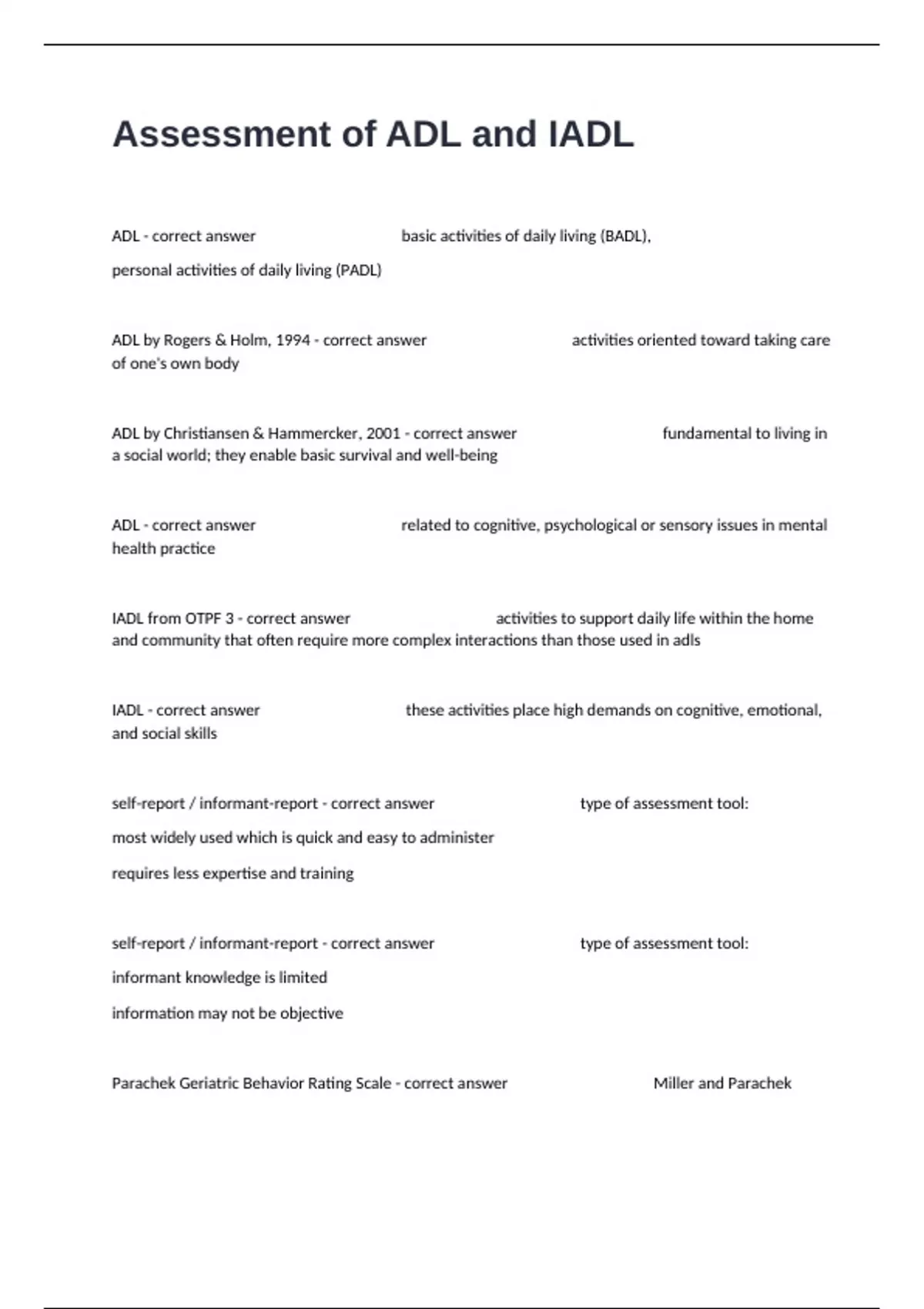 Assessment of ADL and IADL Exam Questions With 100% Correct Verified ...