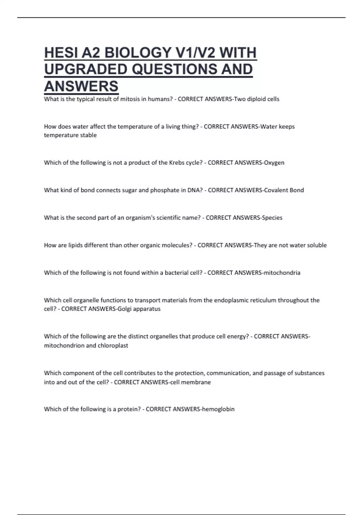 HESI A2 BIOLOGY V1/V2 WITH UPGRADED QUESTIONS AND ANSWERS - Hesi A2 ...