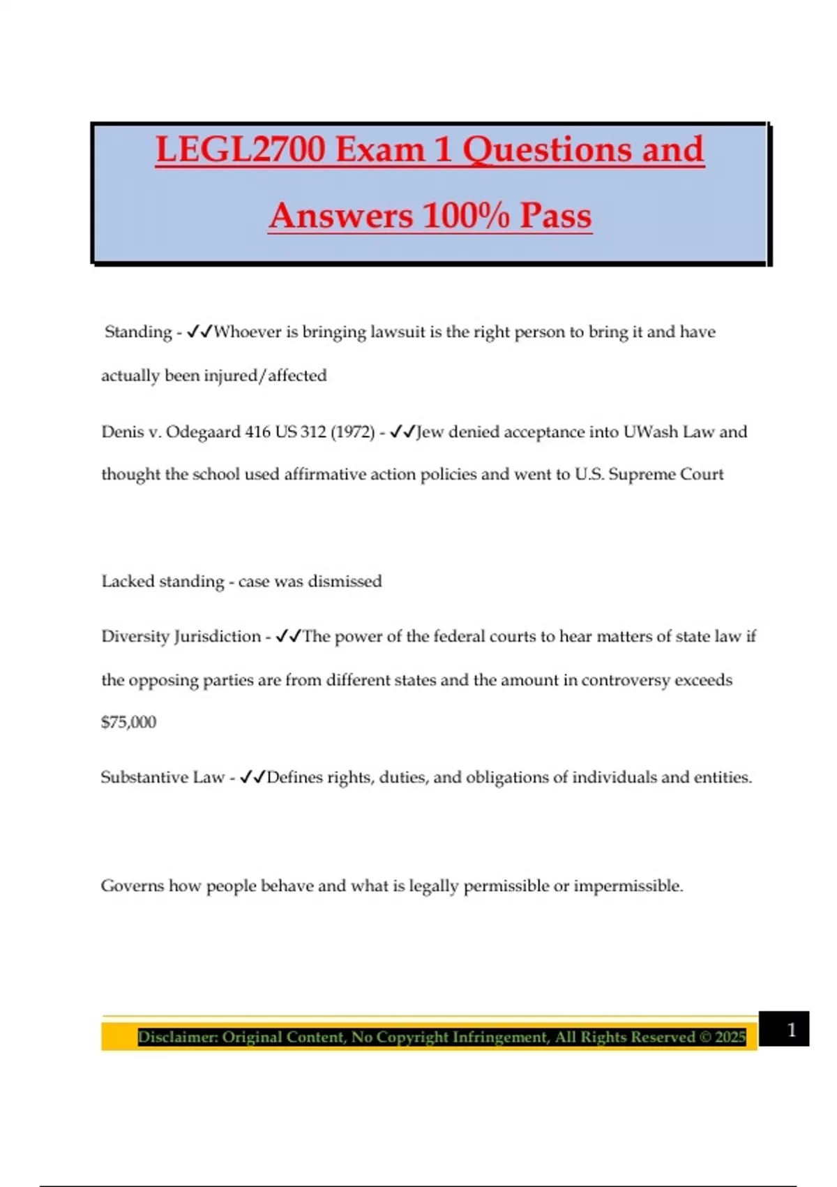 LEGL2700 Exam 1 Questions and Answers 100% Pass - LEGL 2700 - Stuvia US