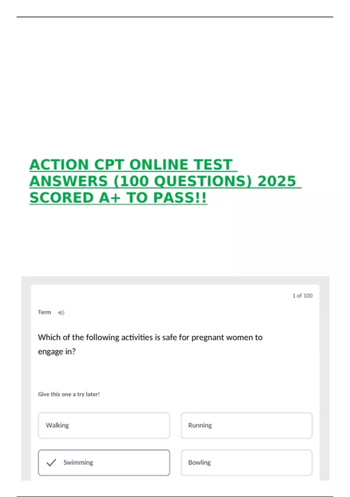 ACTION CPT ONLINE TEST ANSWERS (100 QUESTIONS) 2025 SCORED A+ TO PASS ...