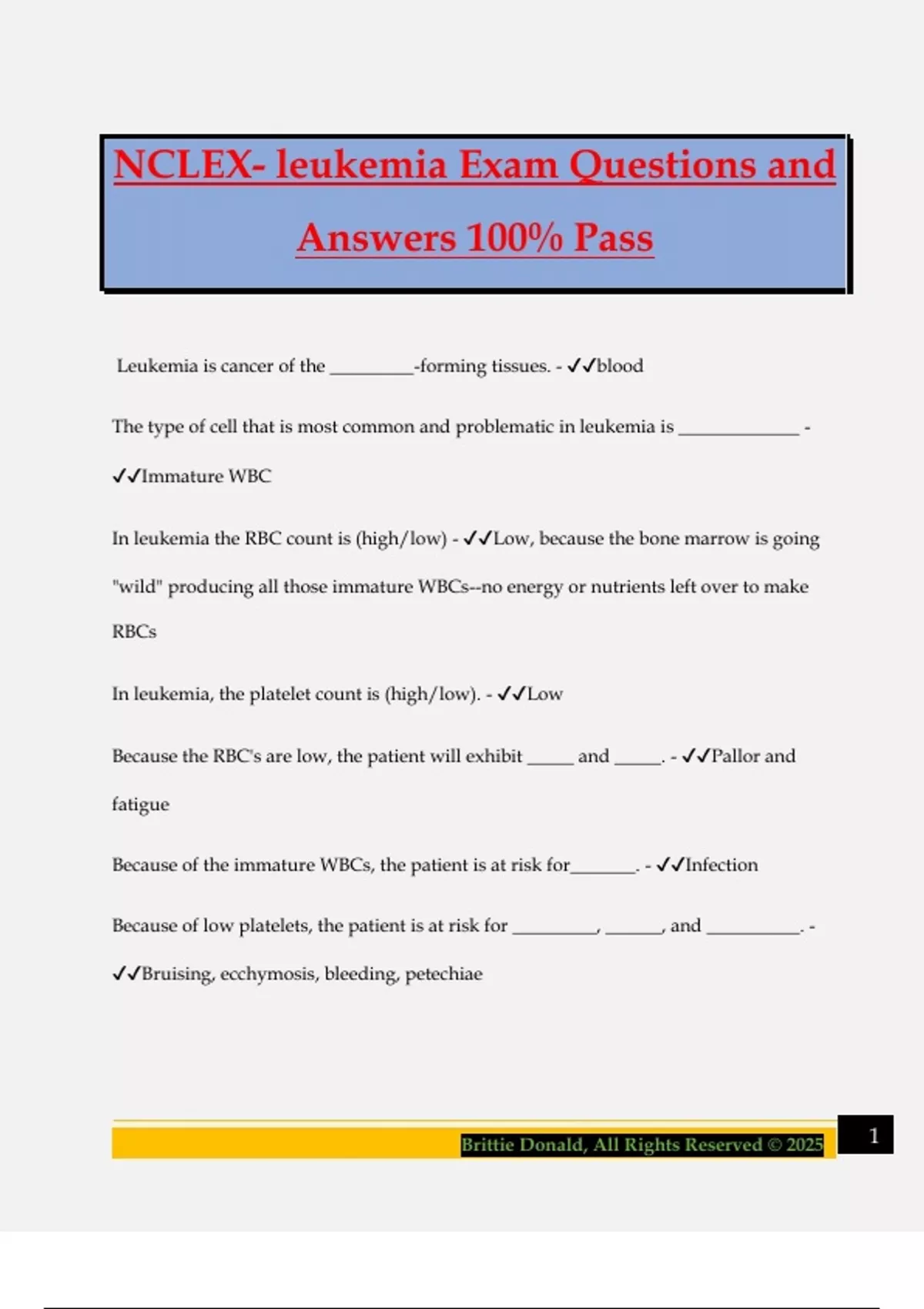 NCLEX- leukemia Exam Questions and Answers 100% Pass - Nclex - Stuvia US