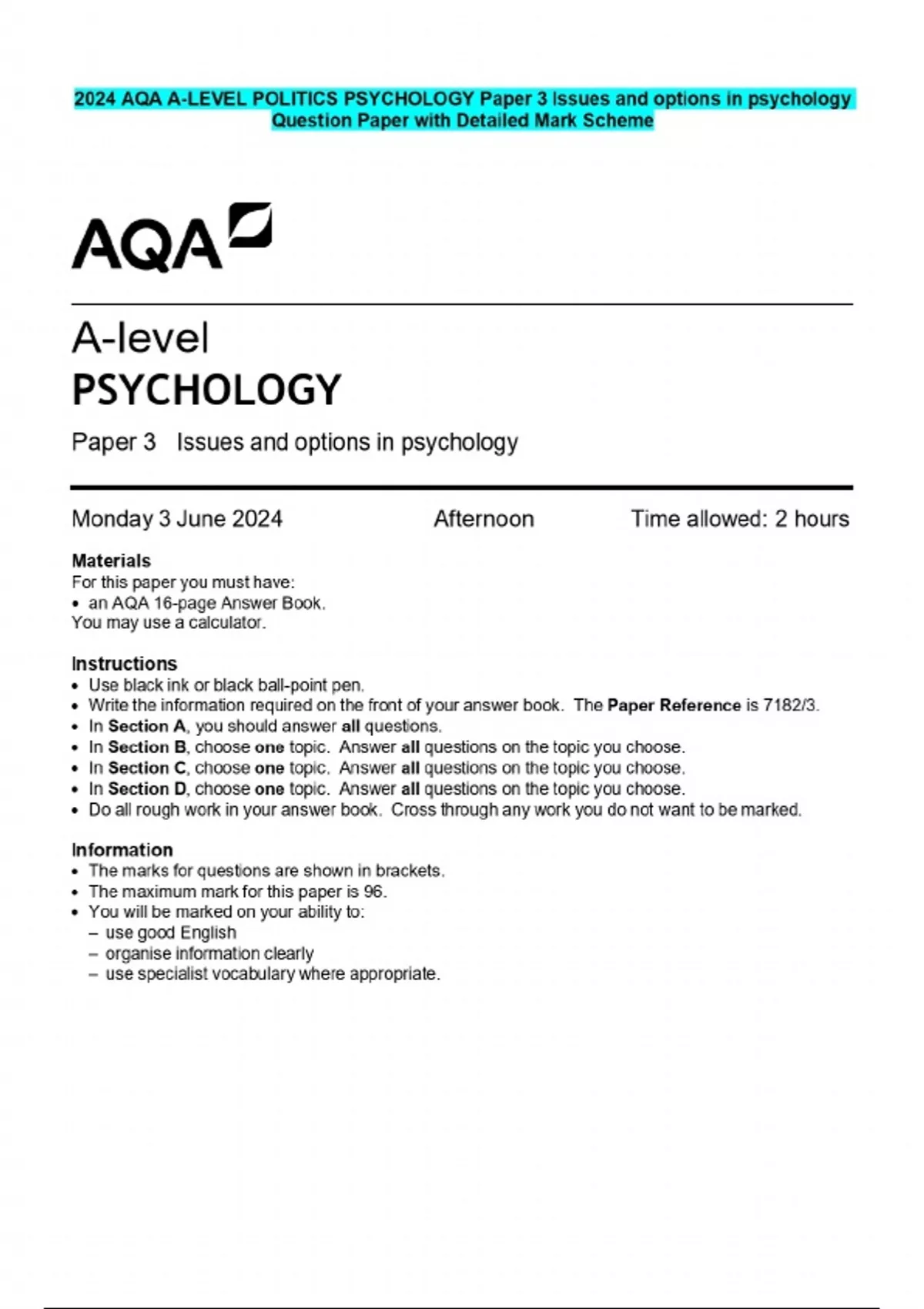Question Paper Options 2024 AQA A-LEVEL POLITICS PSYCHOLOGY Paper 3 Issues and options in ...